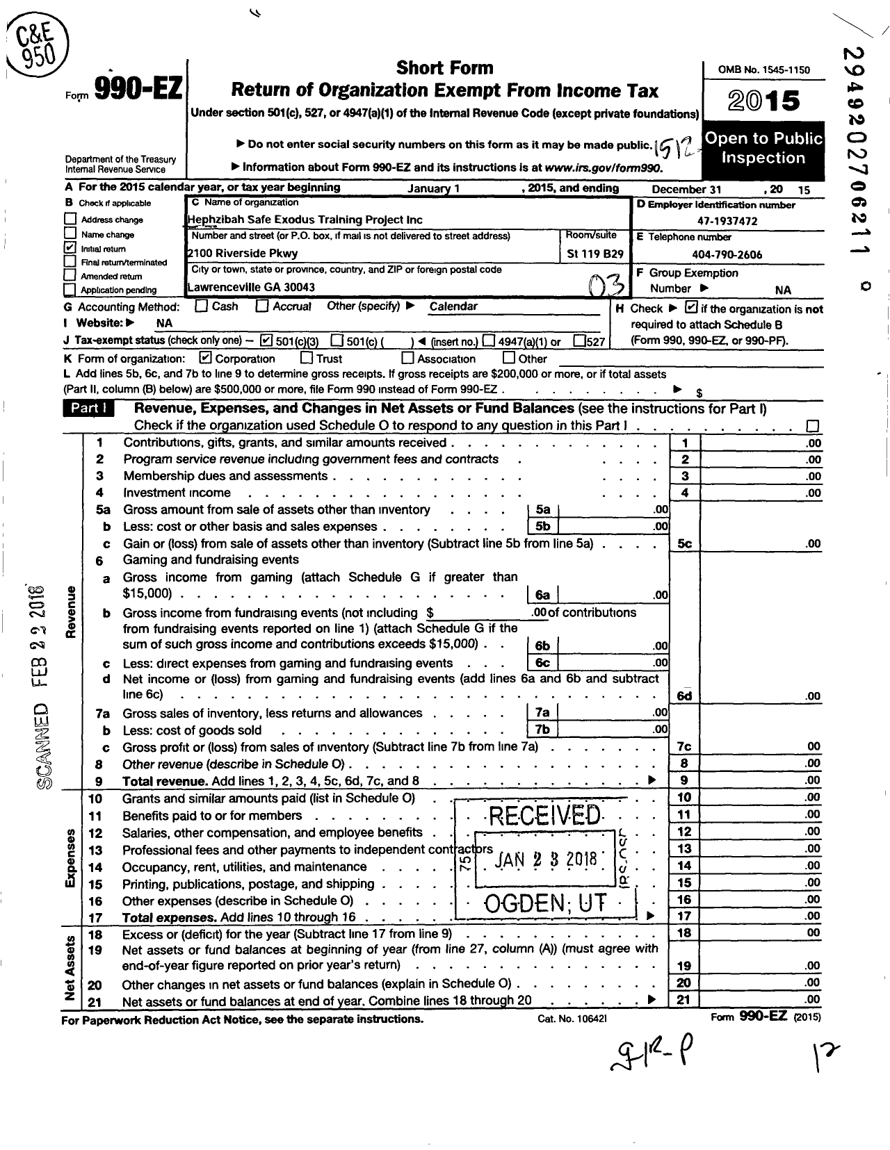 Image of first page of 2015 Form 990EZ for Hephzibah Safe Exodus Training Project