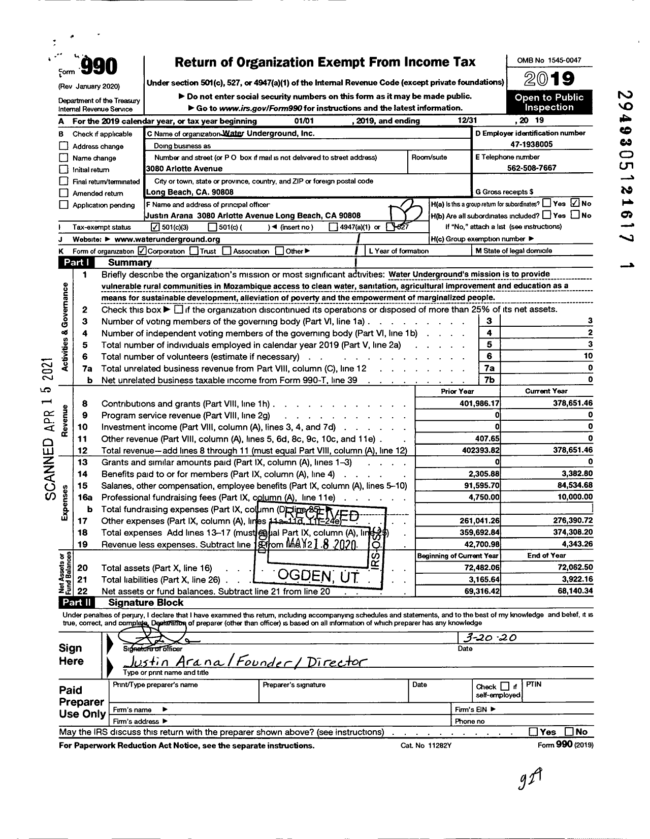 Image of first page of 2019 Form 990 for Water Underground