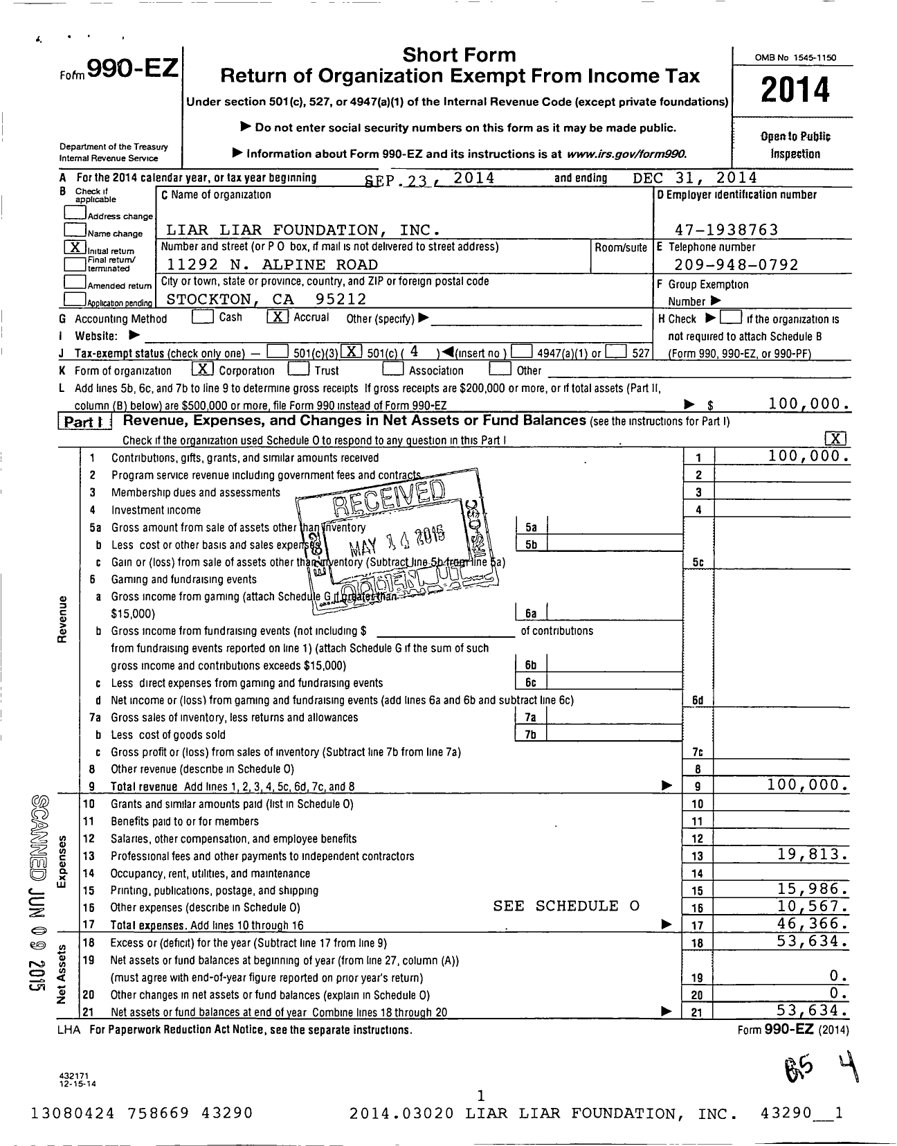 Image of first page of 2014 Form 990EO for Liar Liar Foundation