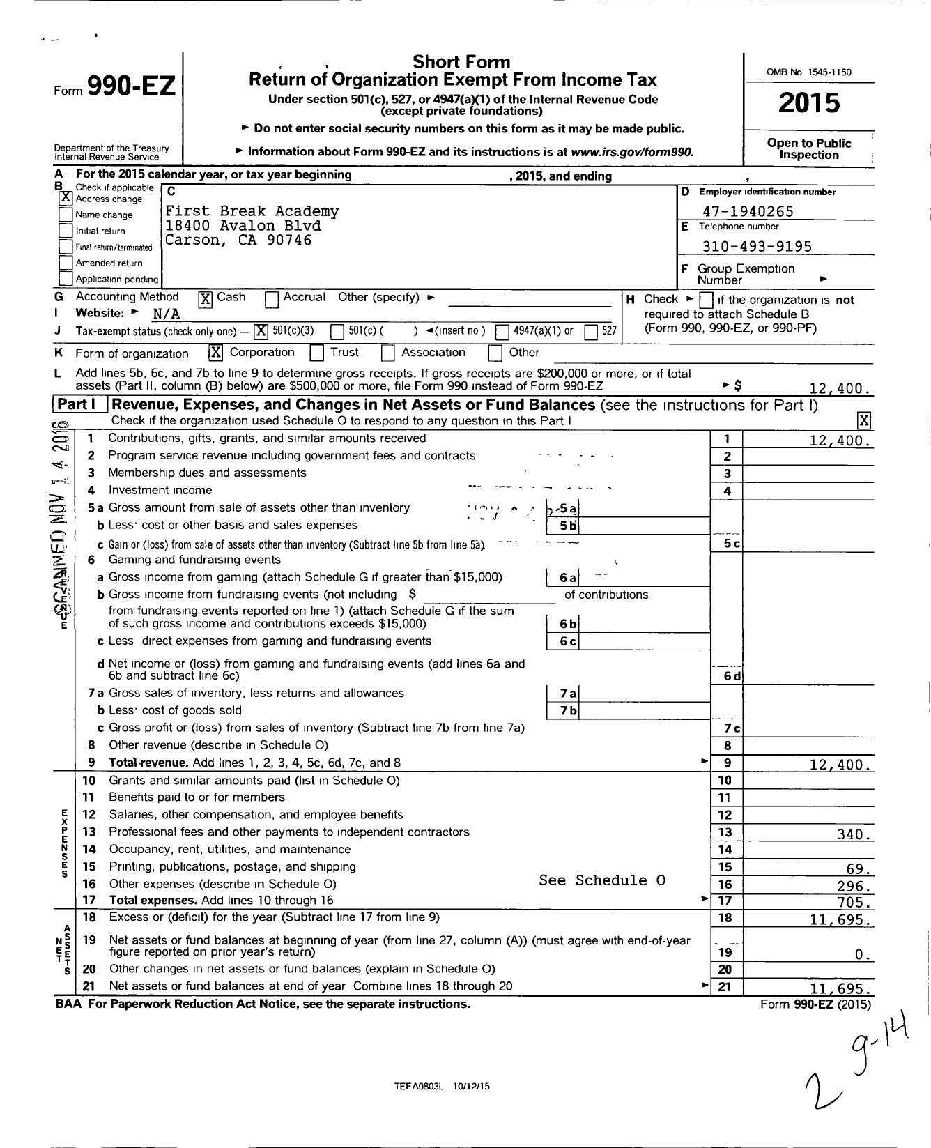 Image of first page of 2015 Form 990EZ for First Break Academy