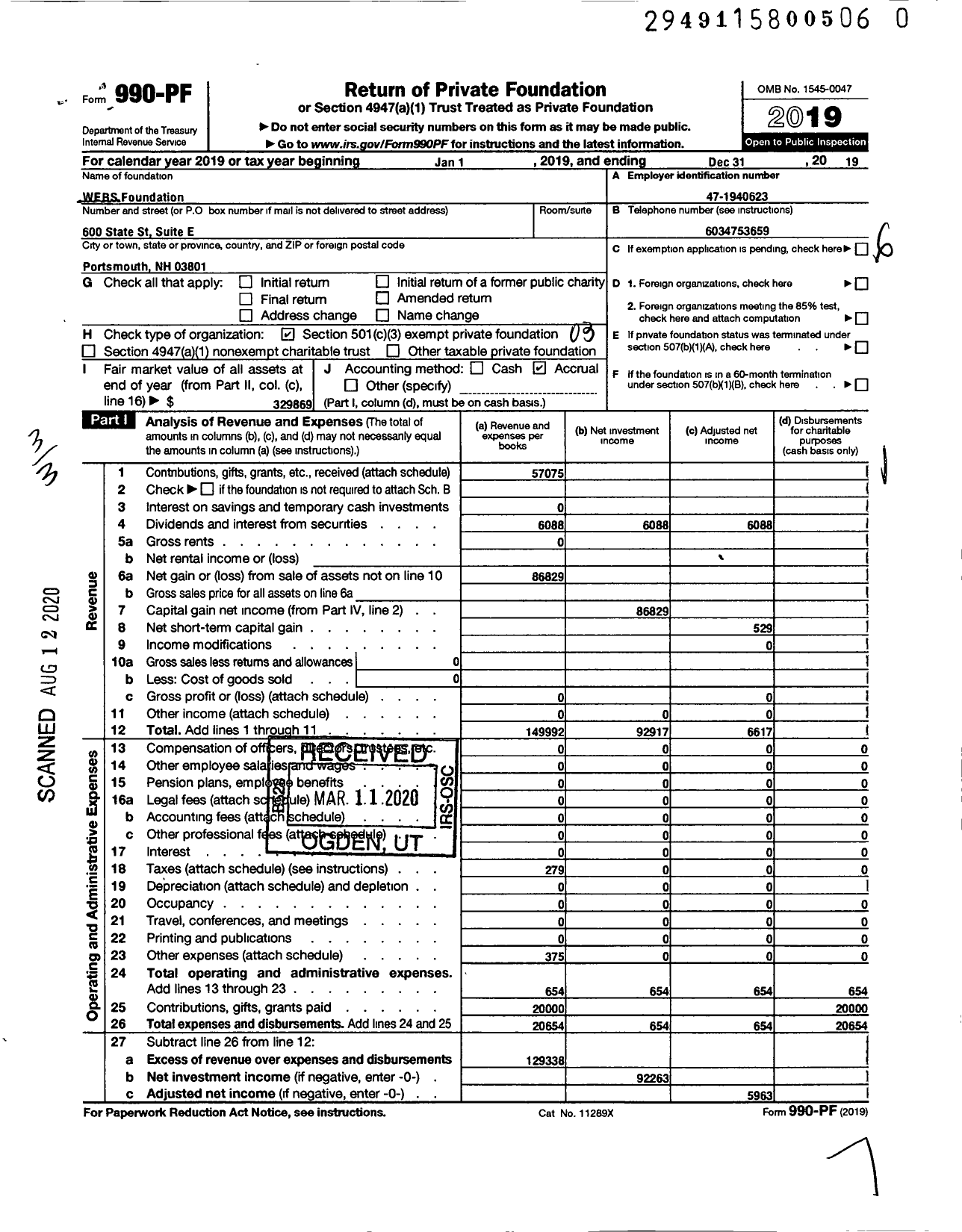 Image of first page of 2019 Form 990PR for The Webs Foundation