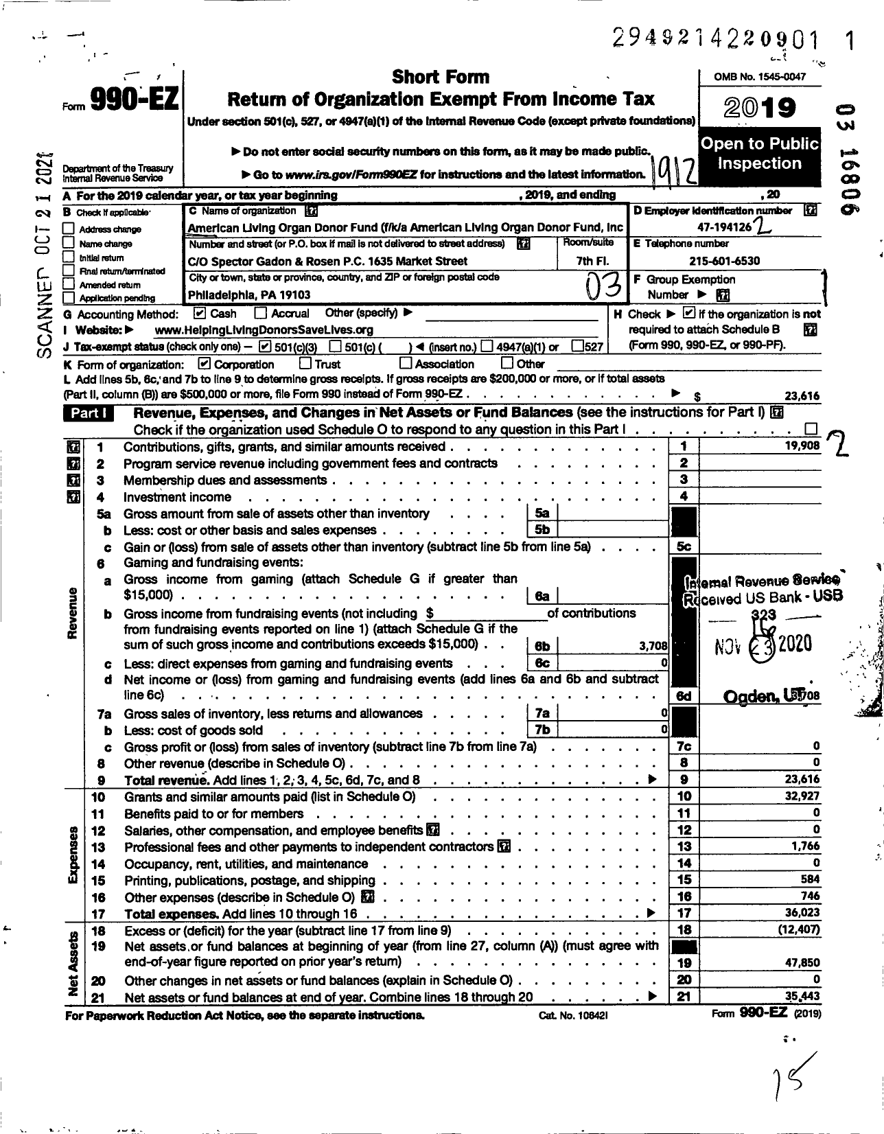 Image of first page of 2019 Form 990EZ for American Living Organ Donor Fund