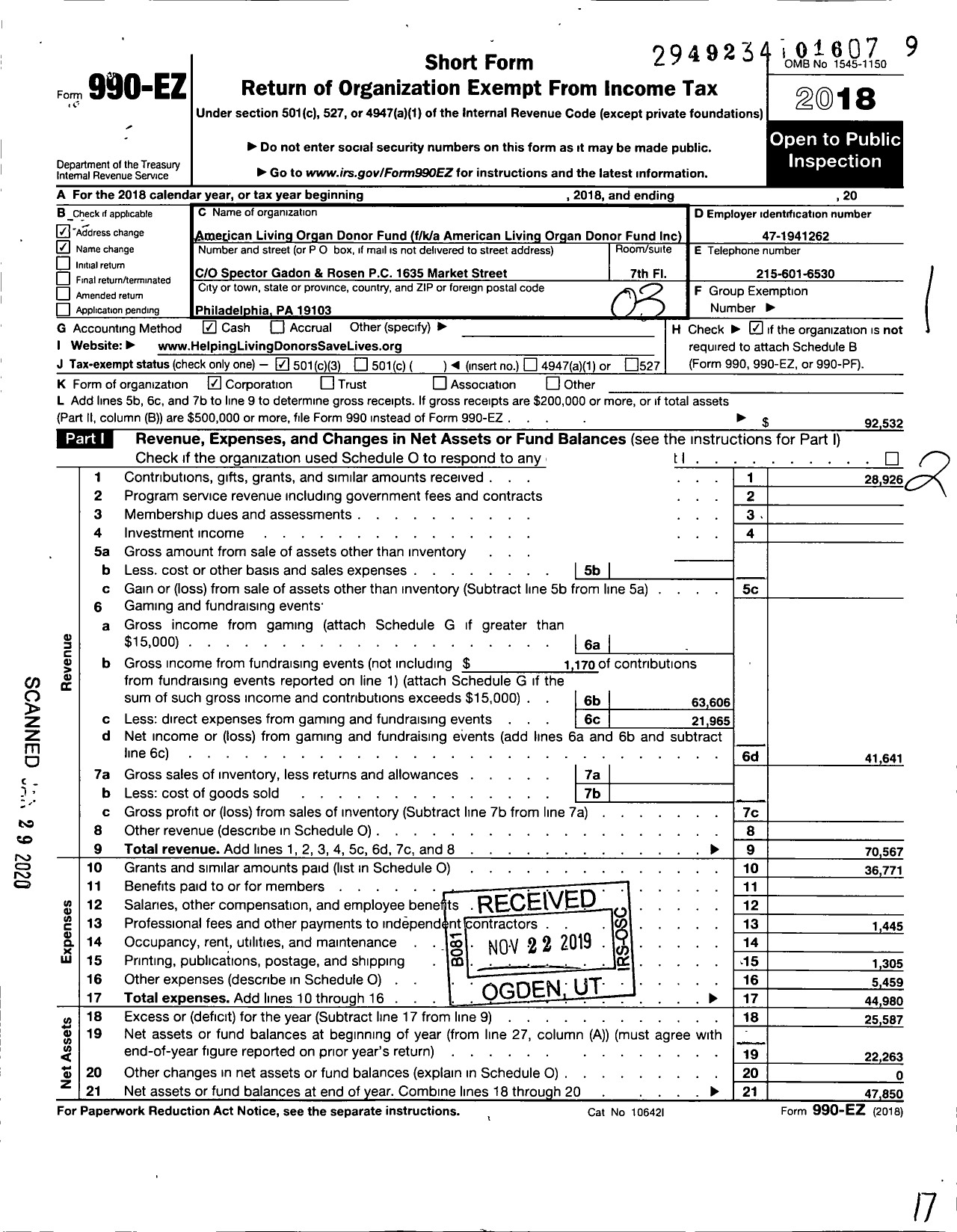 Image of first page of 2018 Form 990EZ for American Living Organ Donor Fund