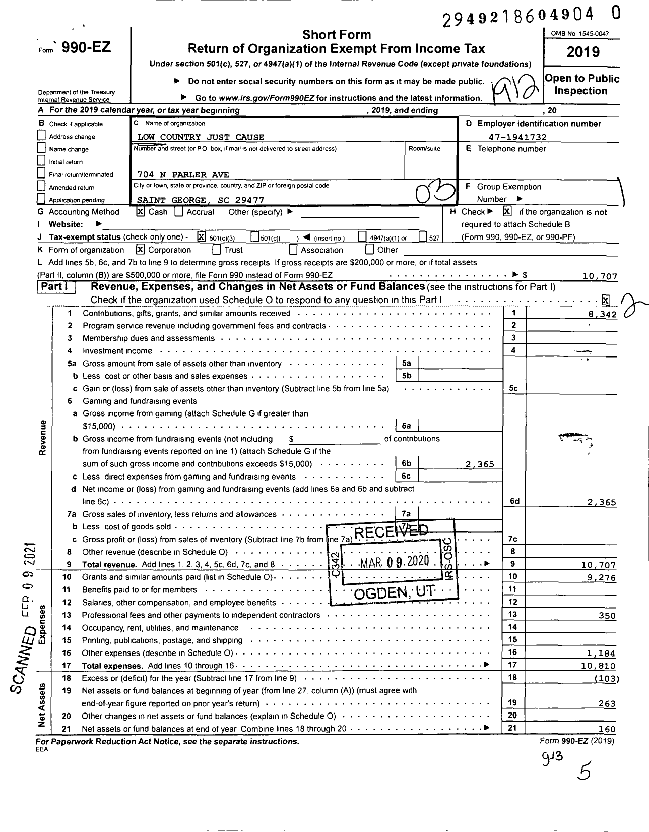 Image of first page of 2019 Form 990EZ for Low Country Just Cause