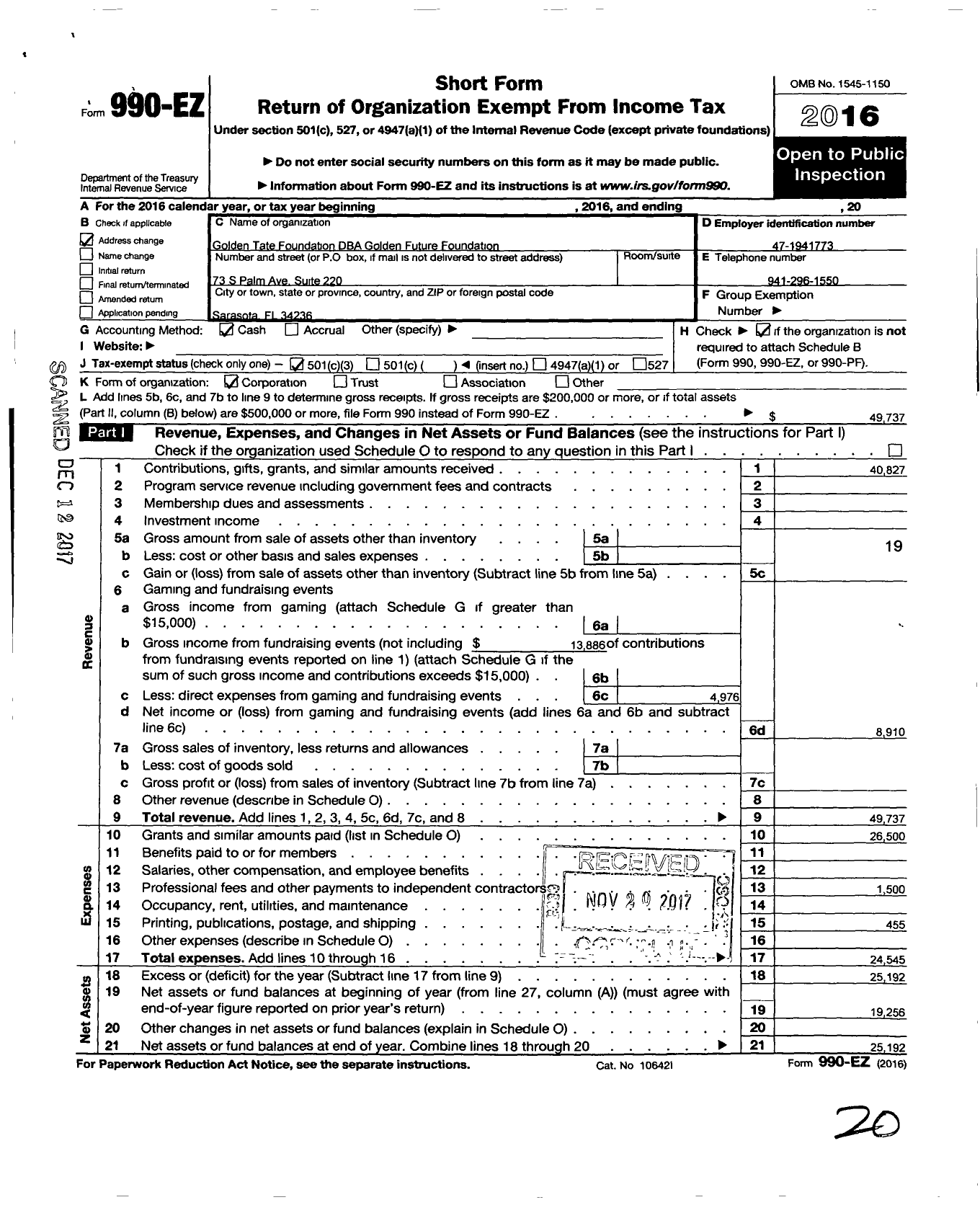 Image of first page of 2016 Form 990EZ for Golden Tate Foundation