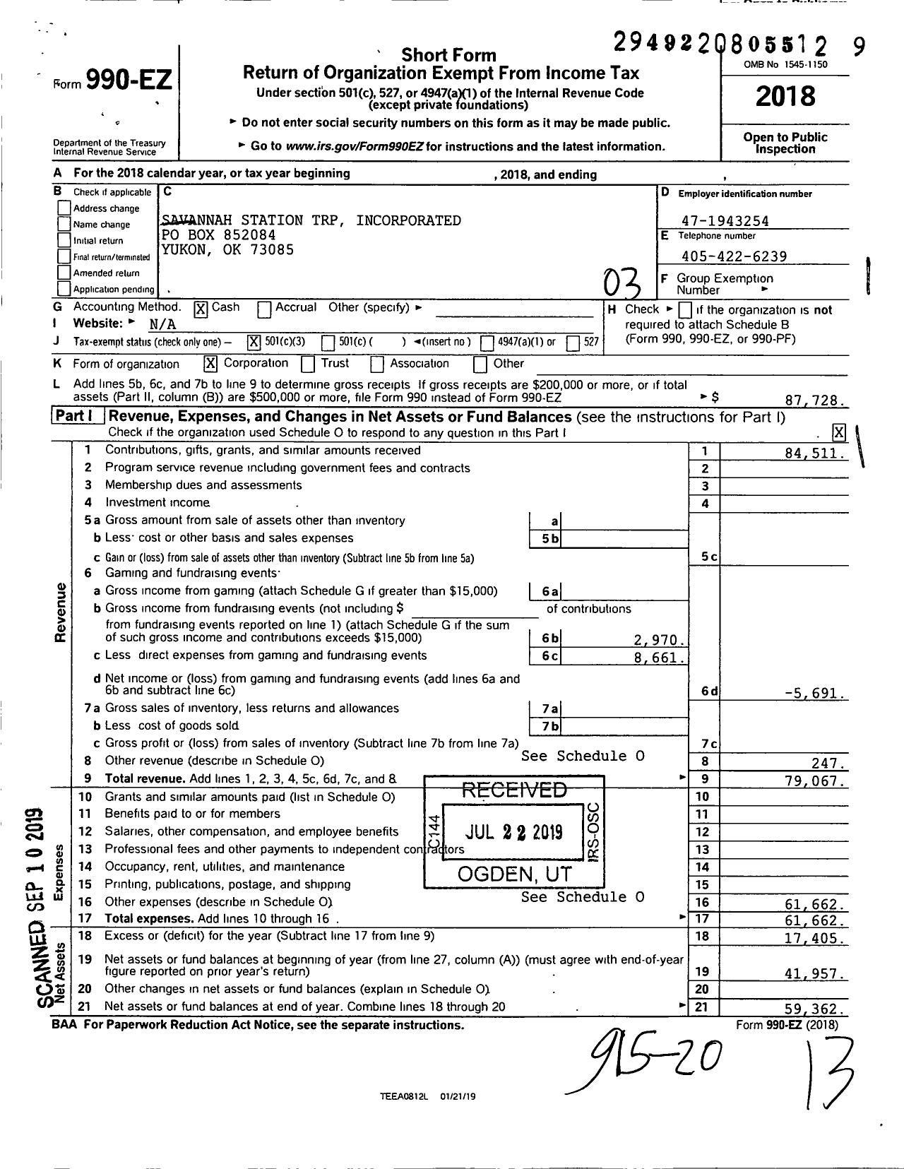 Image of first page of 2018 Form 990EZ for Savannah Station TRP Incorporated