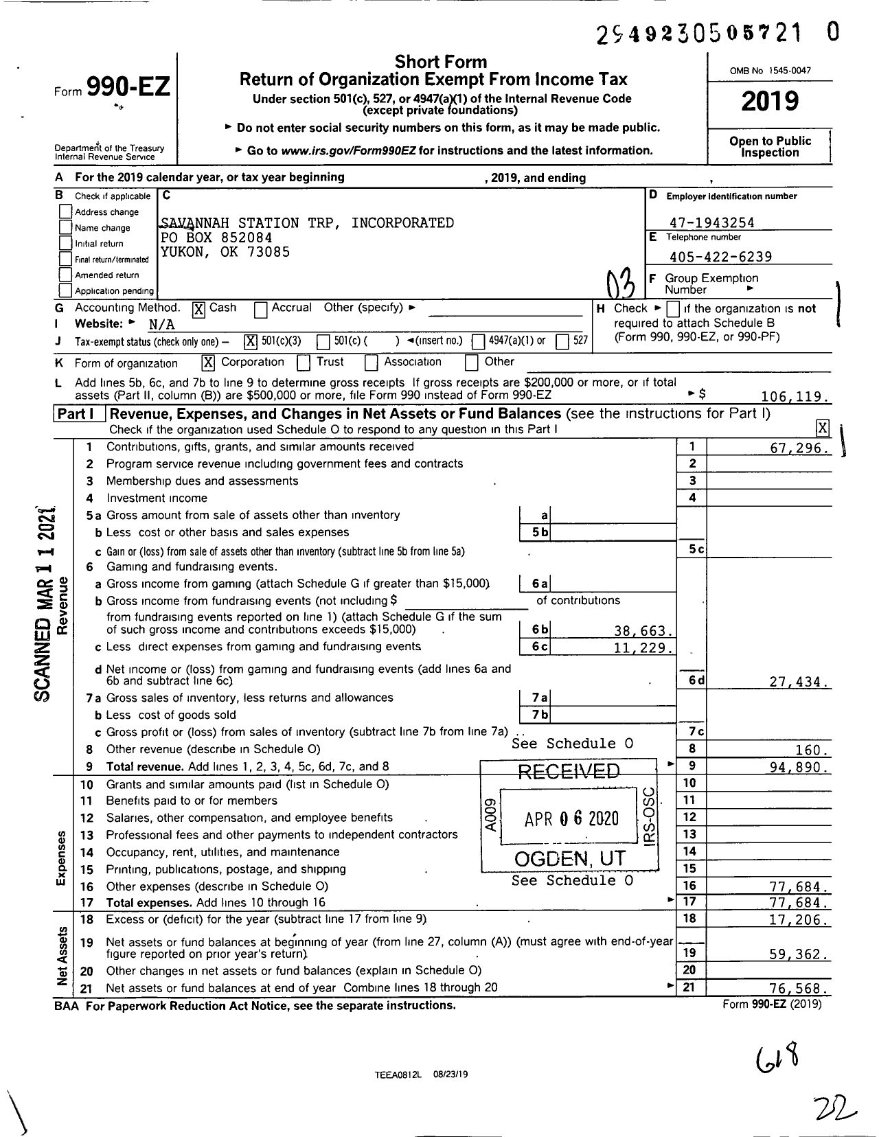 Image of first page of 2019 Form 990EZ for Savannah Station TRP Incorporated