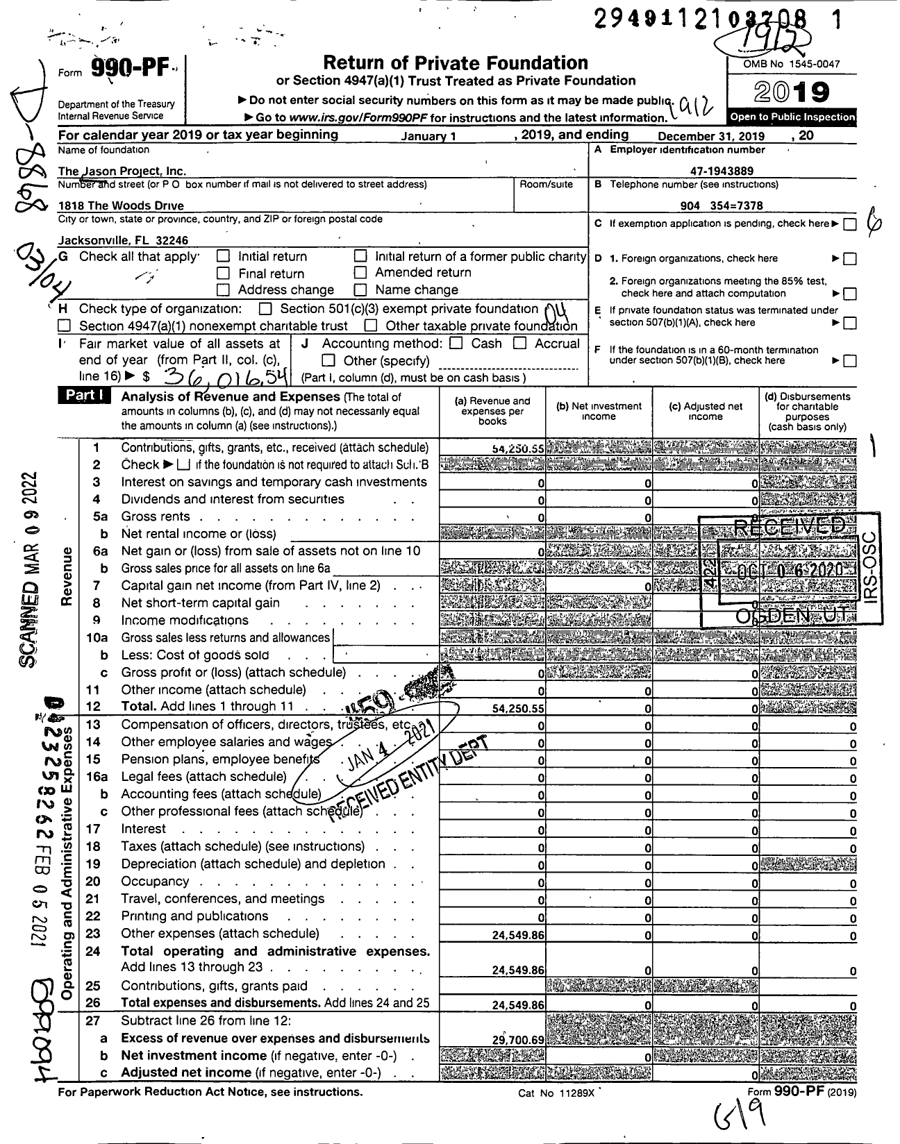 Image of first page of 2019 Form 990PF for The Jason Project