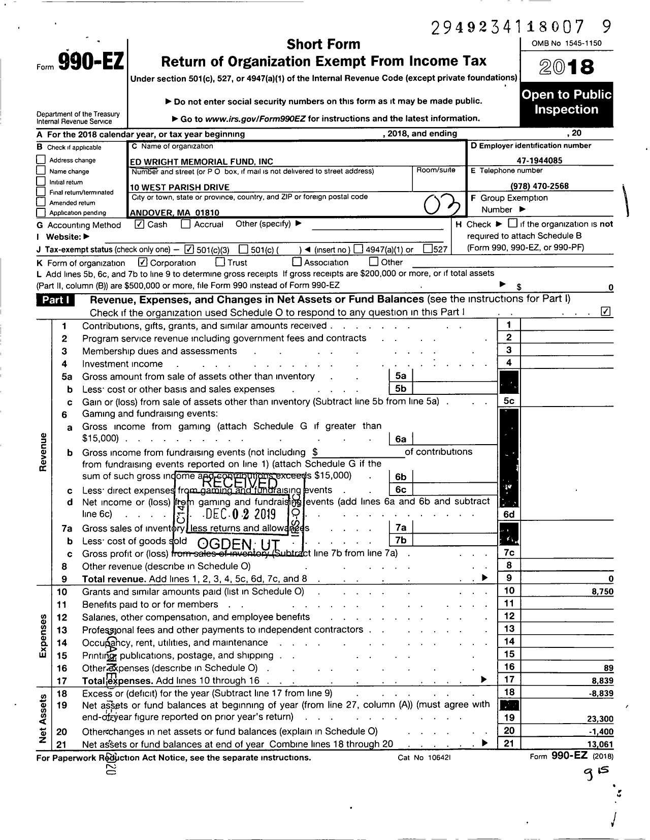 Image of first page of 2018 Form 990EZ for Ed Wright Memorial Fund