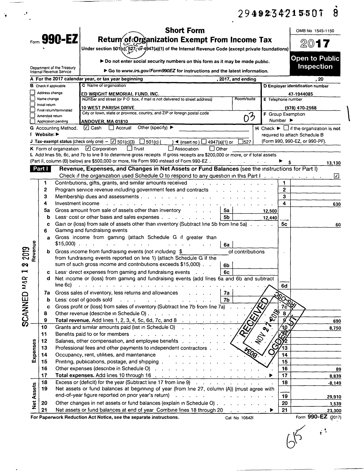 Image of first page of 2017 Form 990EZ for Ed Wright Memorial Fund