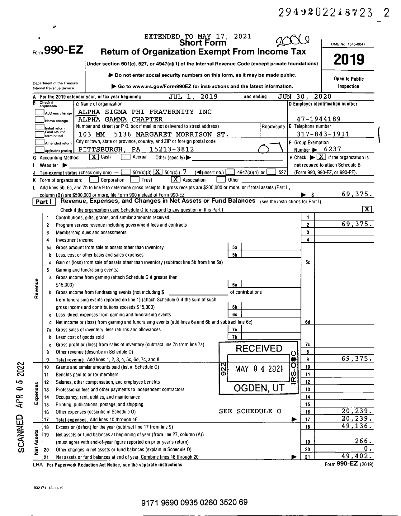 Image of first page of 2019 Form 990EO for Alpha Sigma Phi Fraternity / Alpha Gamma