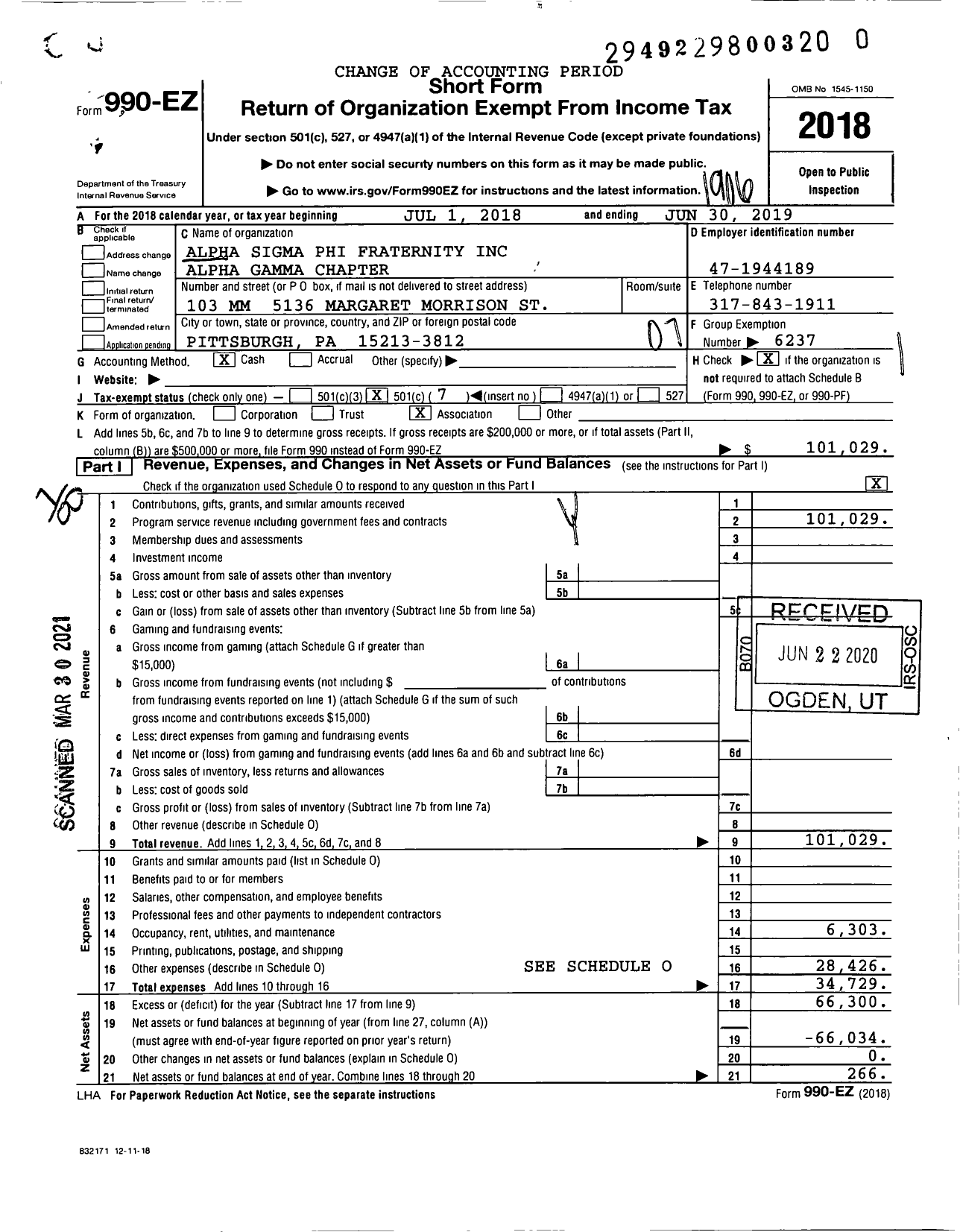 Image of first page of 2018 Form 990EO for Alpha Sigma Phi Fraternity / Alpha Gamma