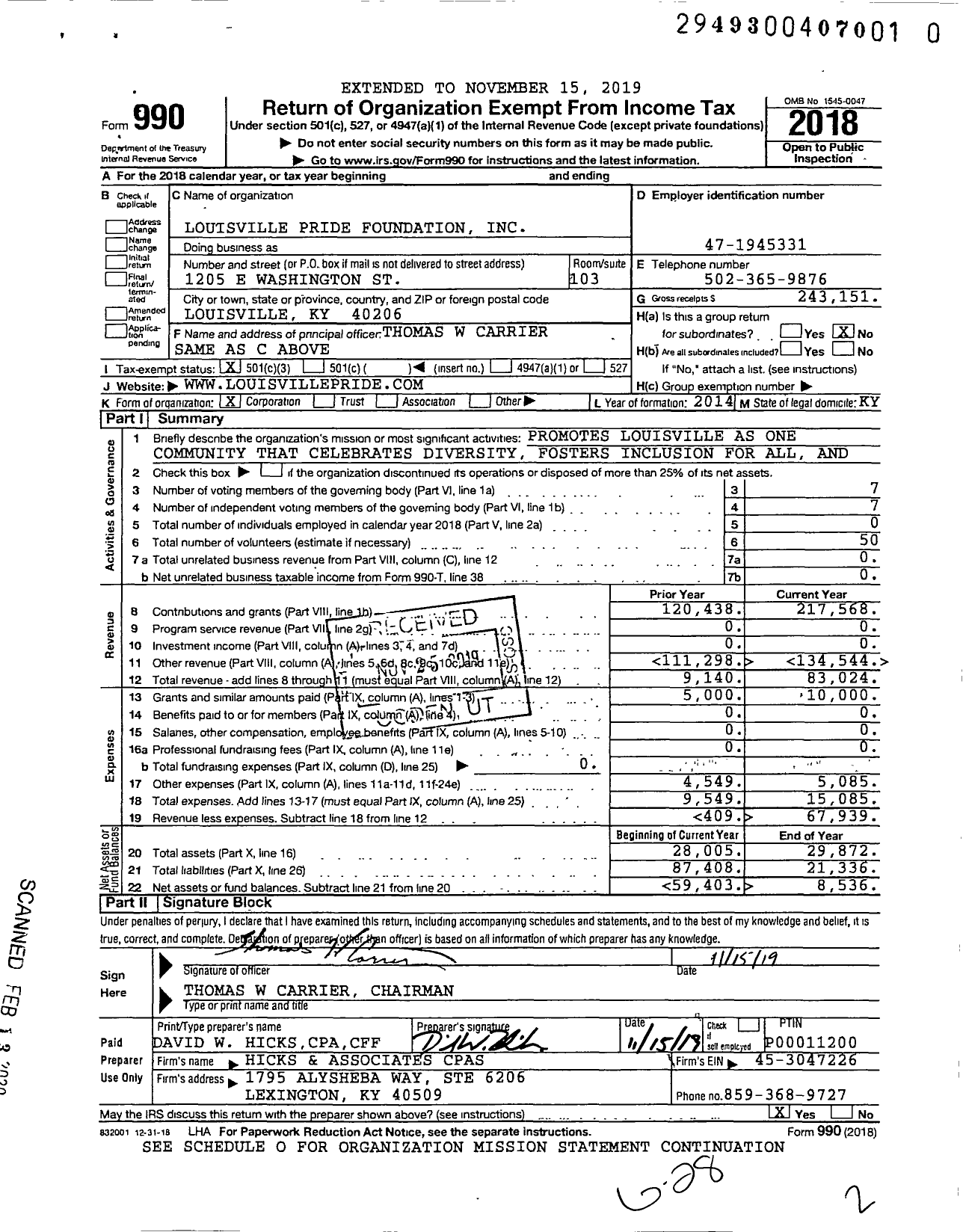 Image of first page of 2018 Form 990 for Louisville Pride Foundation