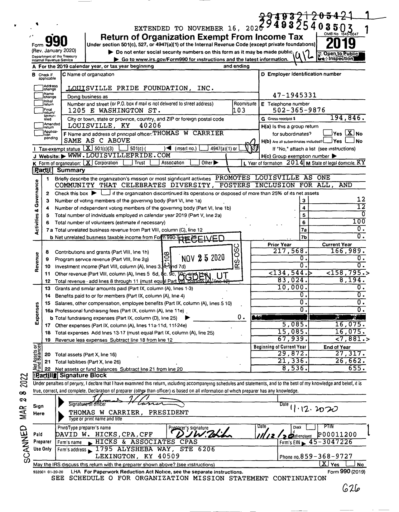 Image of first page of 2019 Form 990 for Louisville Pride Foundation