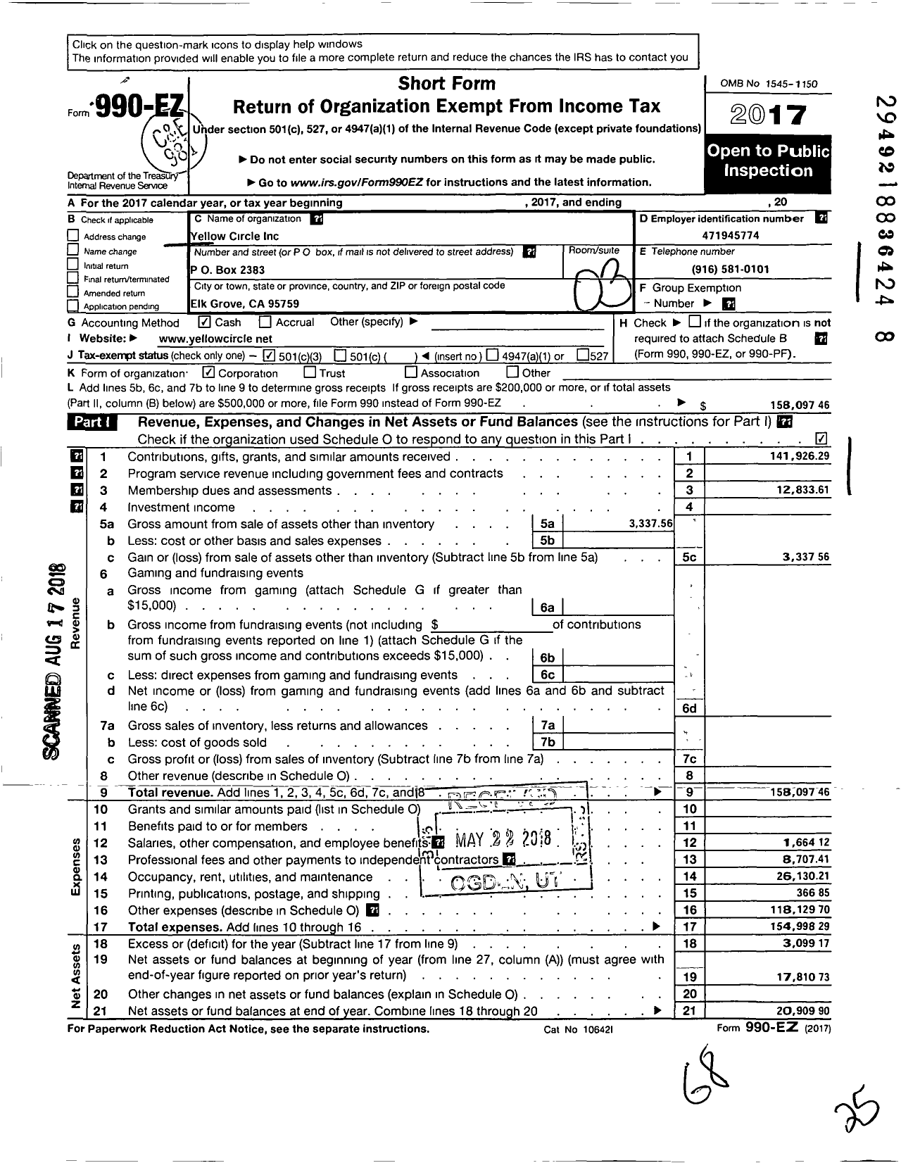 Image of first page of 2017 Form 990EZ for Yellow Circle