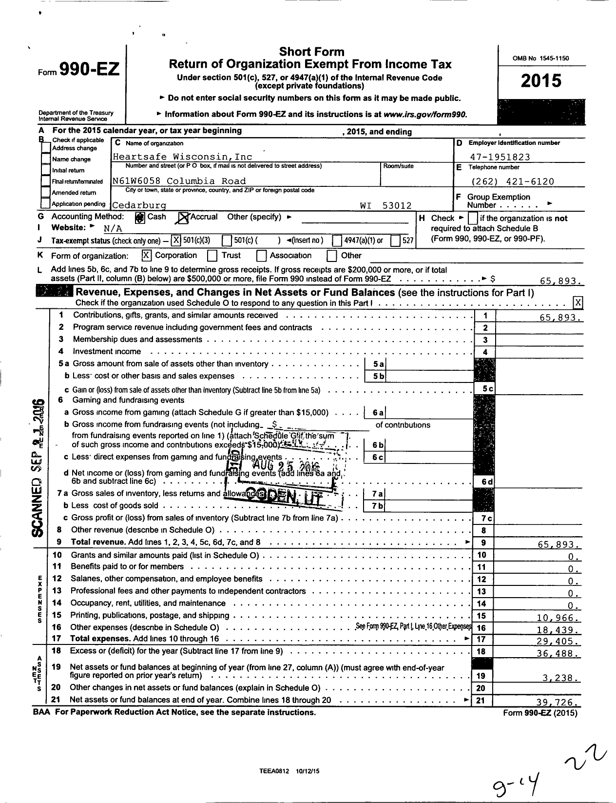 Image of first page of 2015 Form 990EZ for Heartsafe Wisconsin