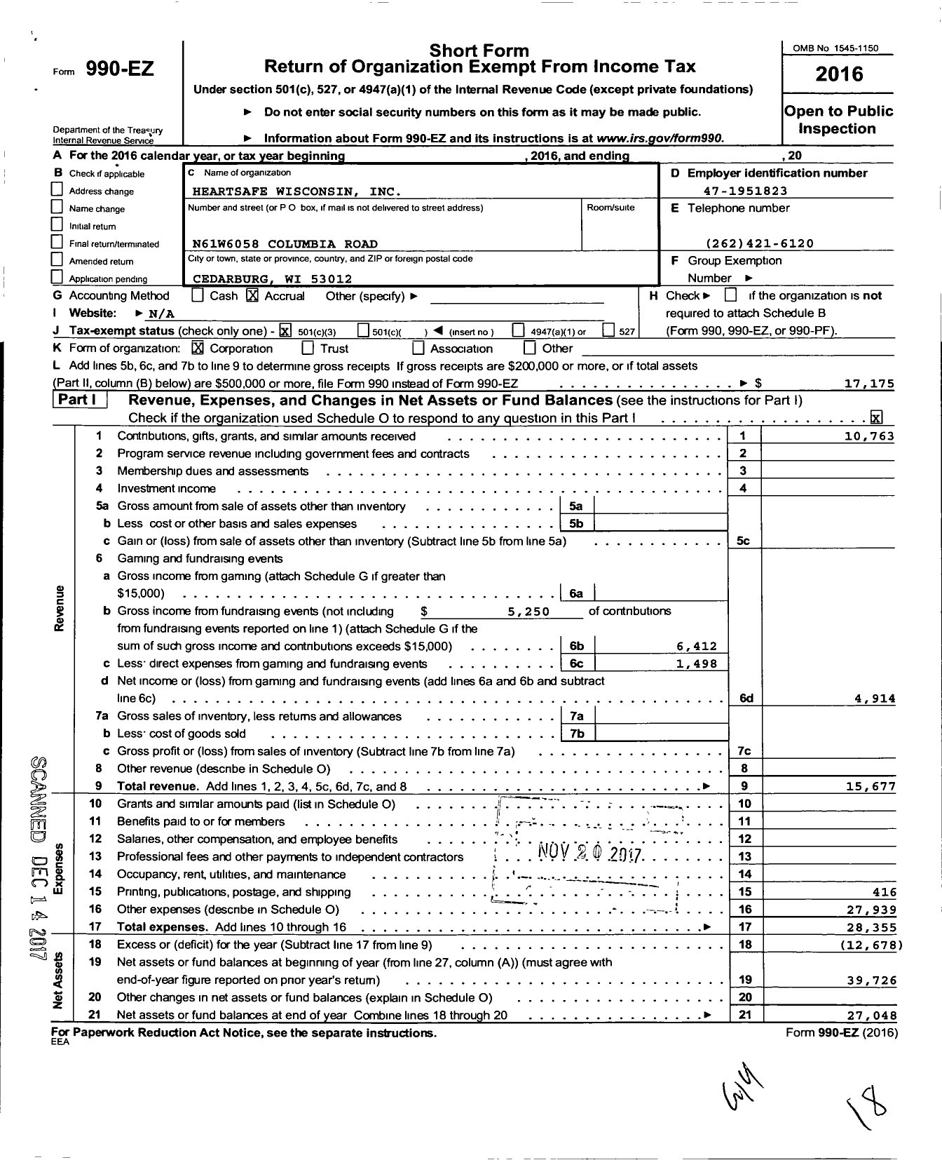 Image of first page of 2016 Form 990EZ for Heartsafe Wisconsin