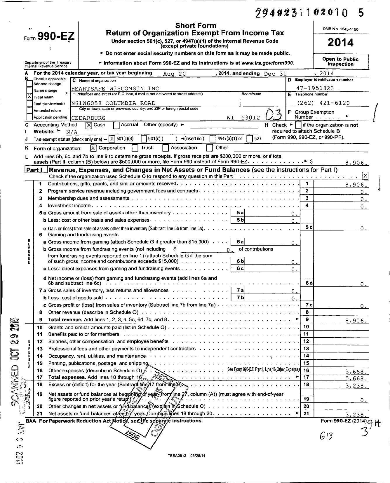 Image of first page of 2014 Form 990EZ for Heartsafe Wisconsin