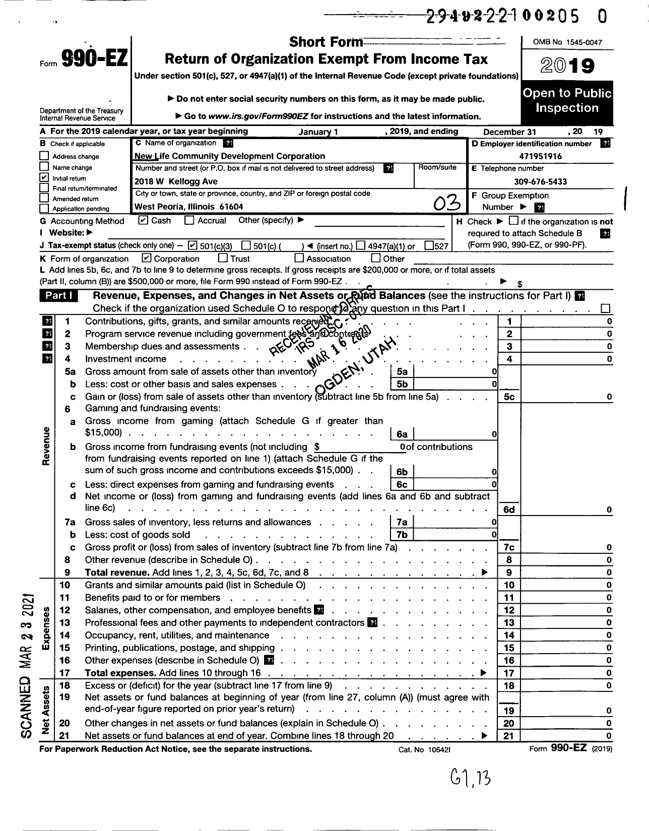 Image of first page of 2019 Form 990EZ for New Life Community Development Corporation