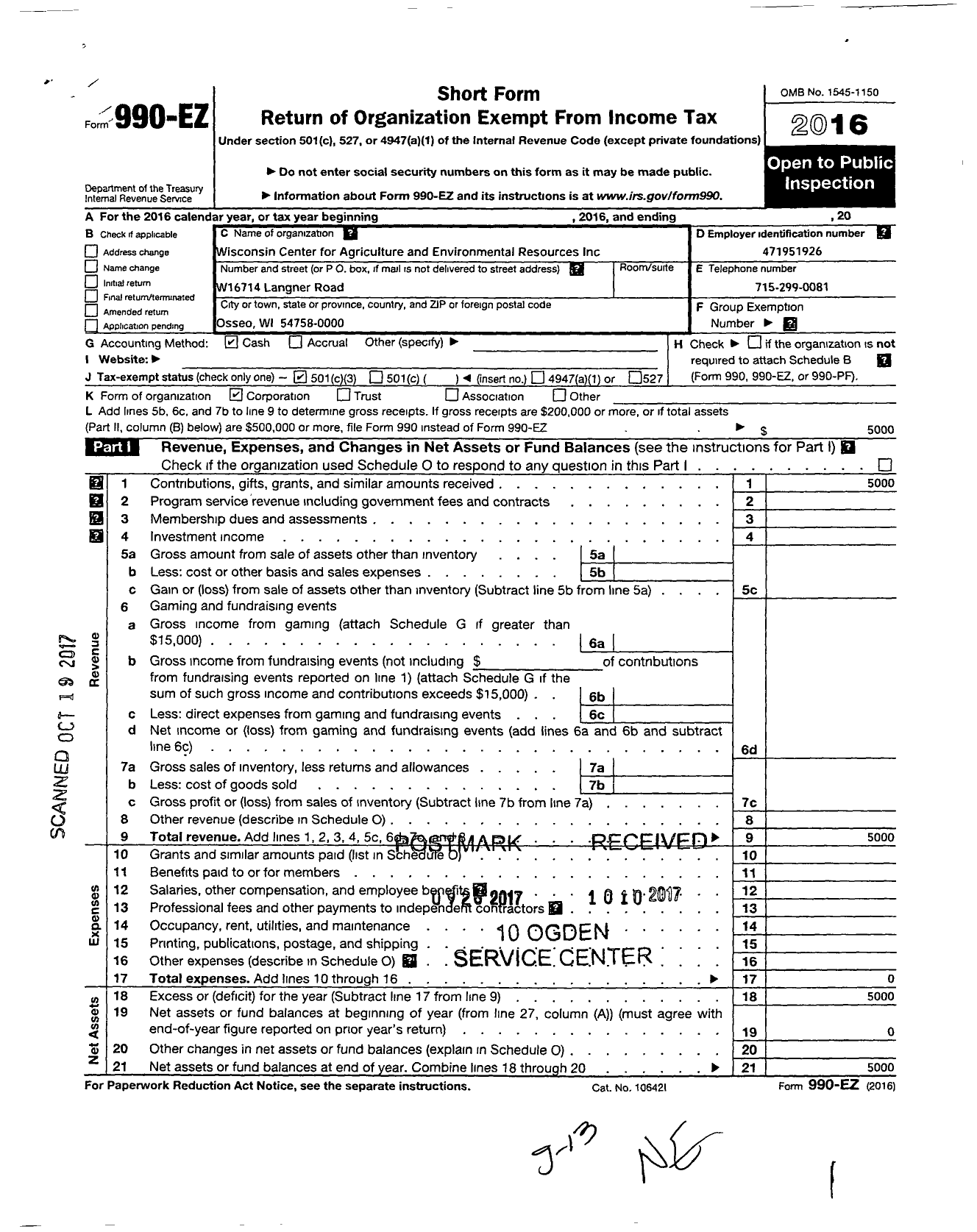 Image of first page of 2016 Form 990EZ for Wisconsin Center for Agriculture and Environmental Resources