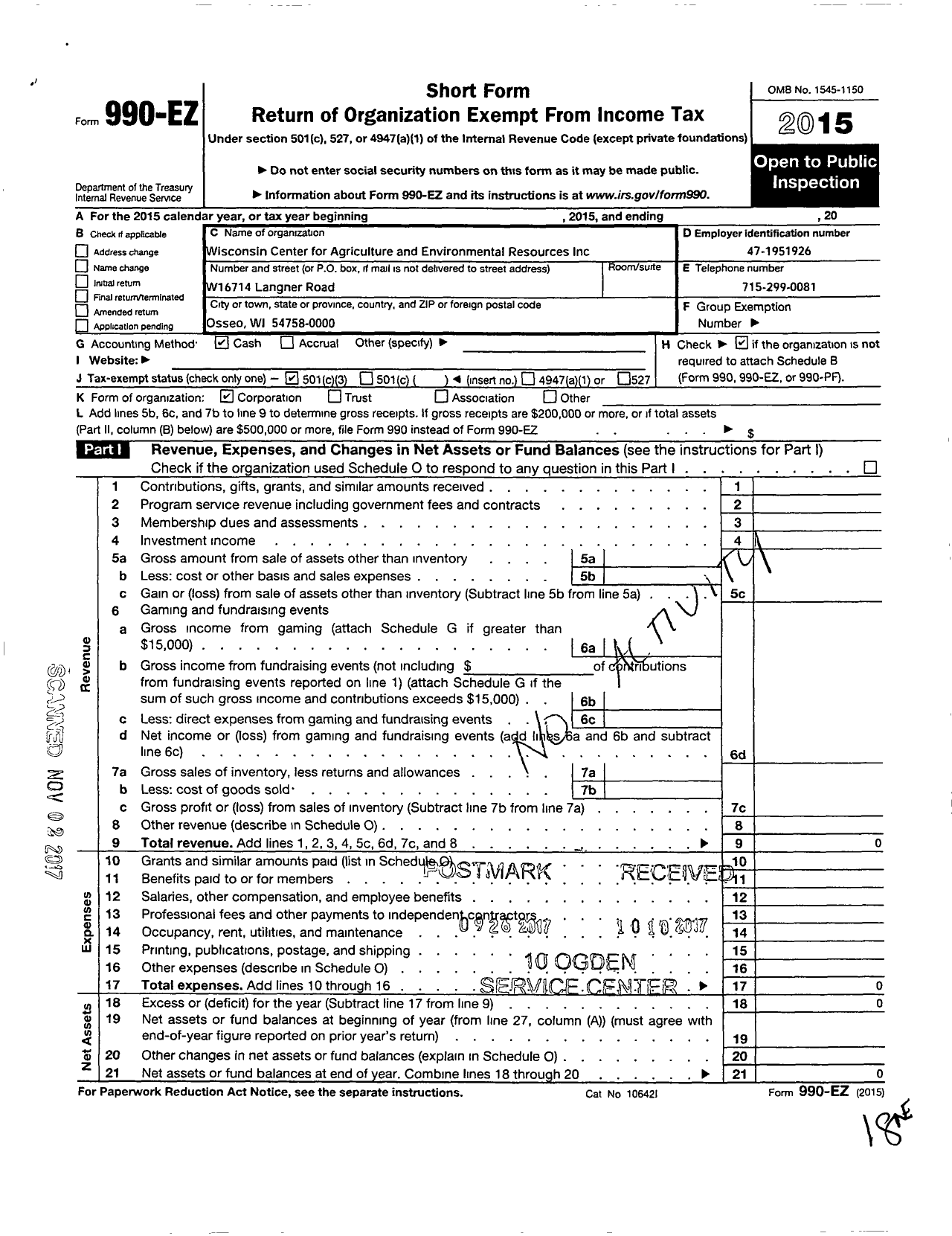 Image of first page of 2015 Form 990EZ for Wisconsin Center for Agriculture and Environmental Resources