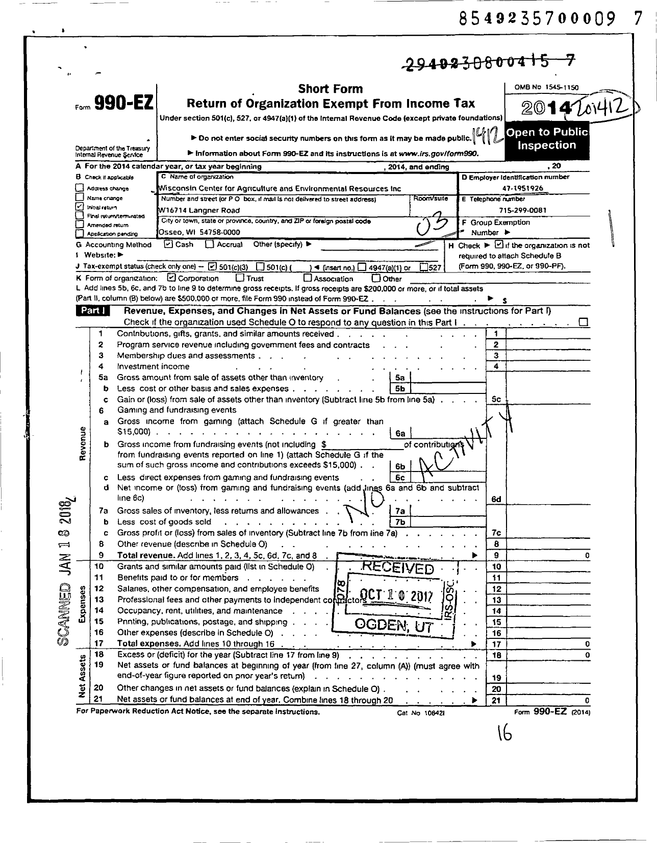 Image of first page of 2014 Form 990EZ for Wisconsin Center for Agriculture and Environmental Resources