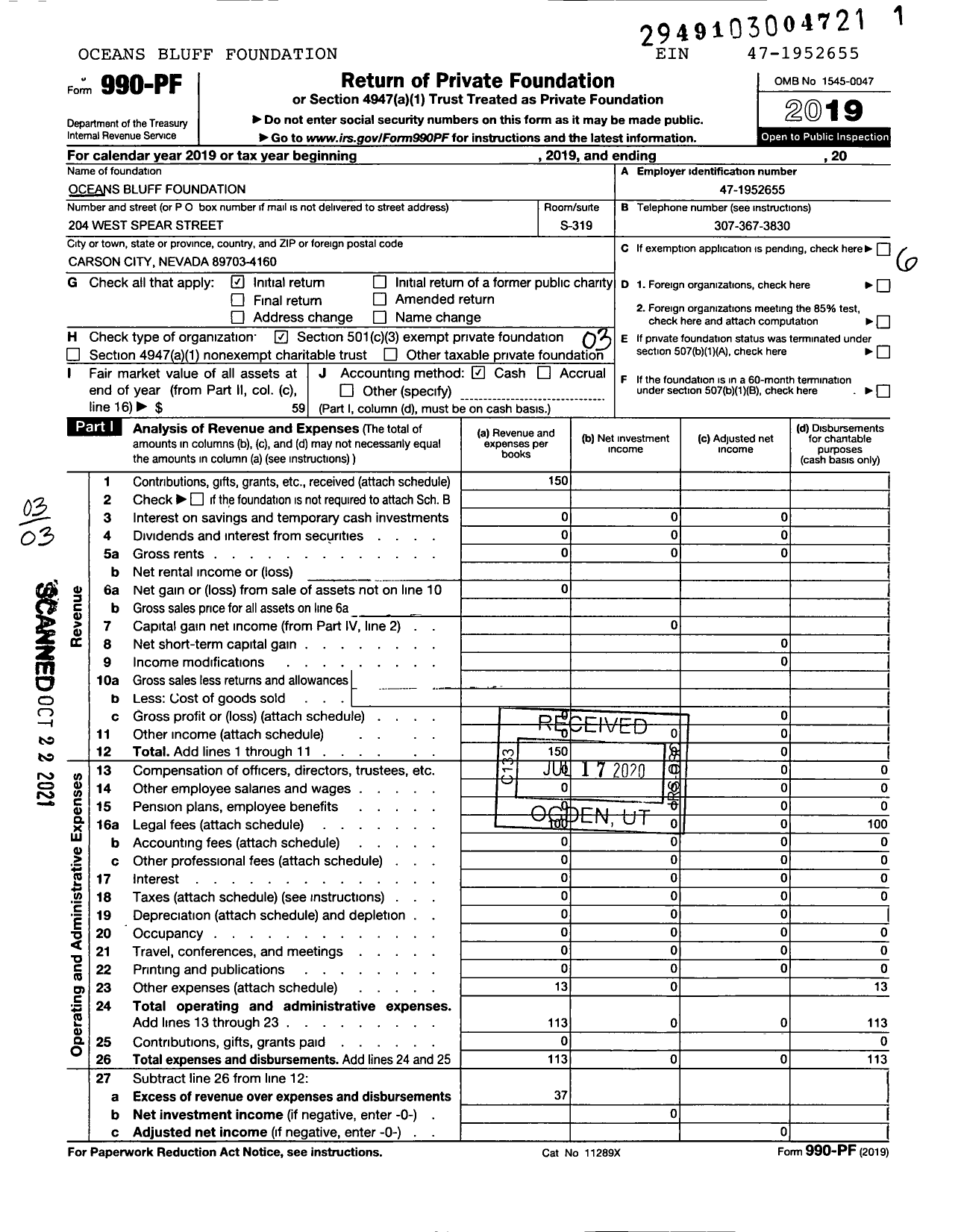 Image of first page of 2019 Form 990PF for Oceans Bluff Foundation