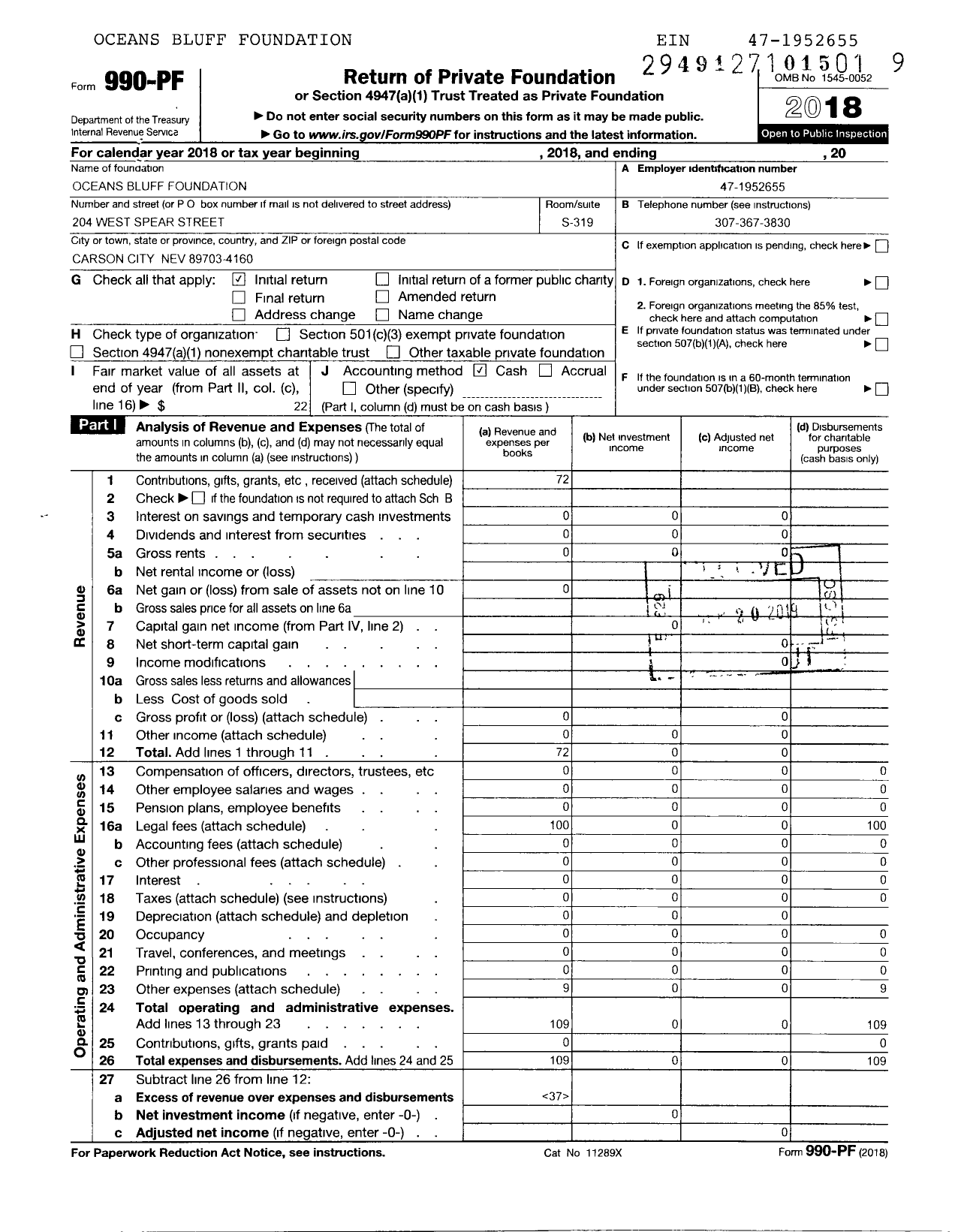 Image of first page of 2018 Form 990PF for Oceans Bluff Foundation