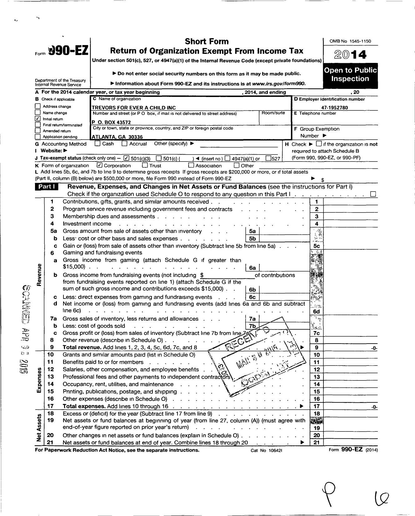 Image of first page of 2014 Form 990EZ for Trevors Forever A Child