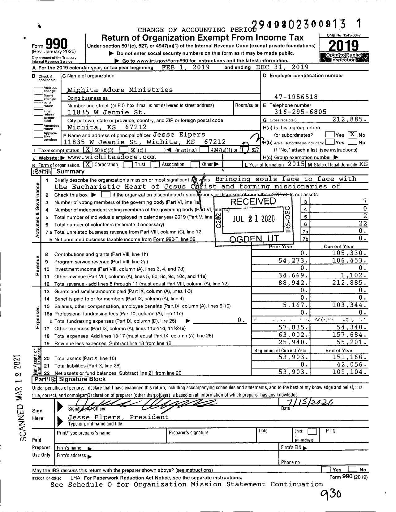 Image of first page of 2019 Form 990 for Wichita Adore Ministries