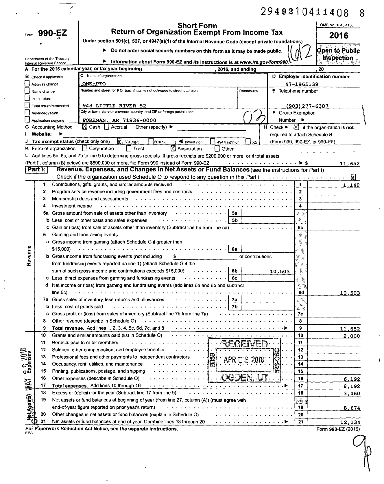 Image of first page of 2016 Form 990EZ for Ohe-Pto