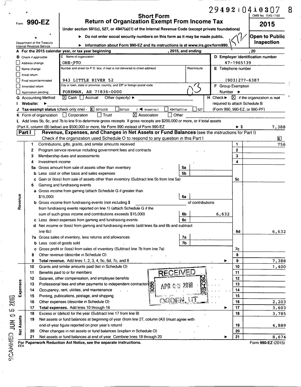 Image of first page of 2015 Form 990EZ for Ohe-Pto