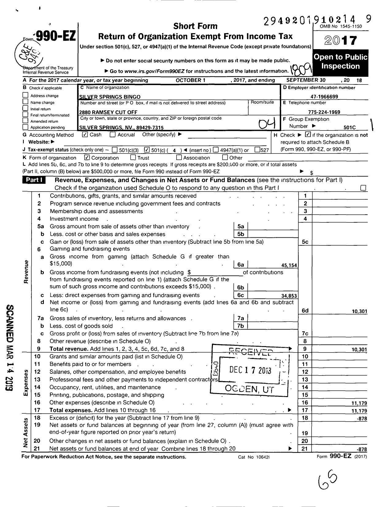 Image of first page of 2017 Form 990EO for Silver Springs Bingo