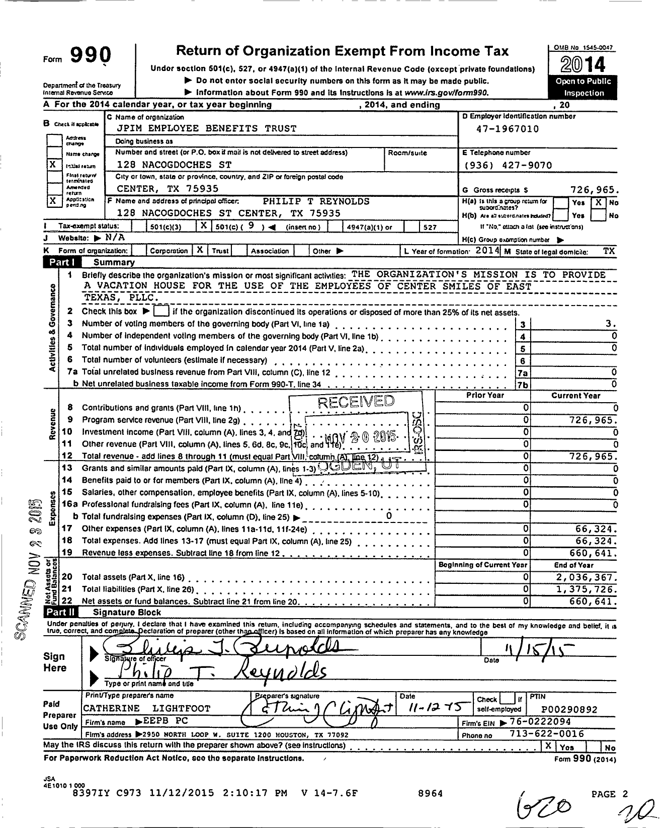 Image of first page of 2014 Form 990O for Jpim Employee Benefits Trust