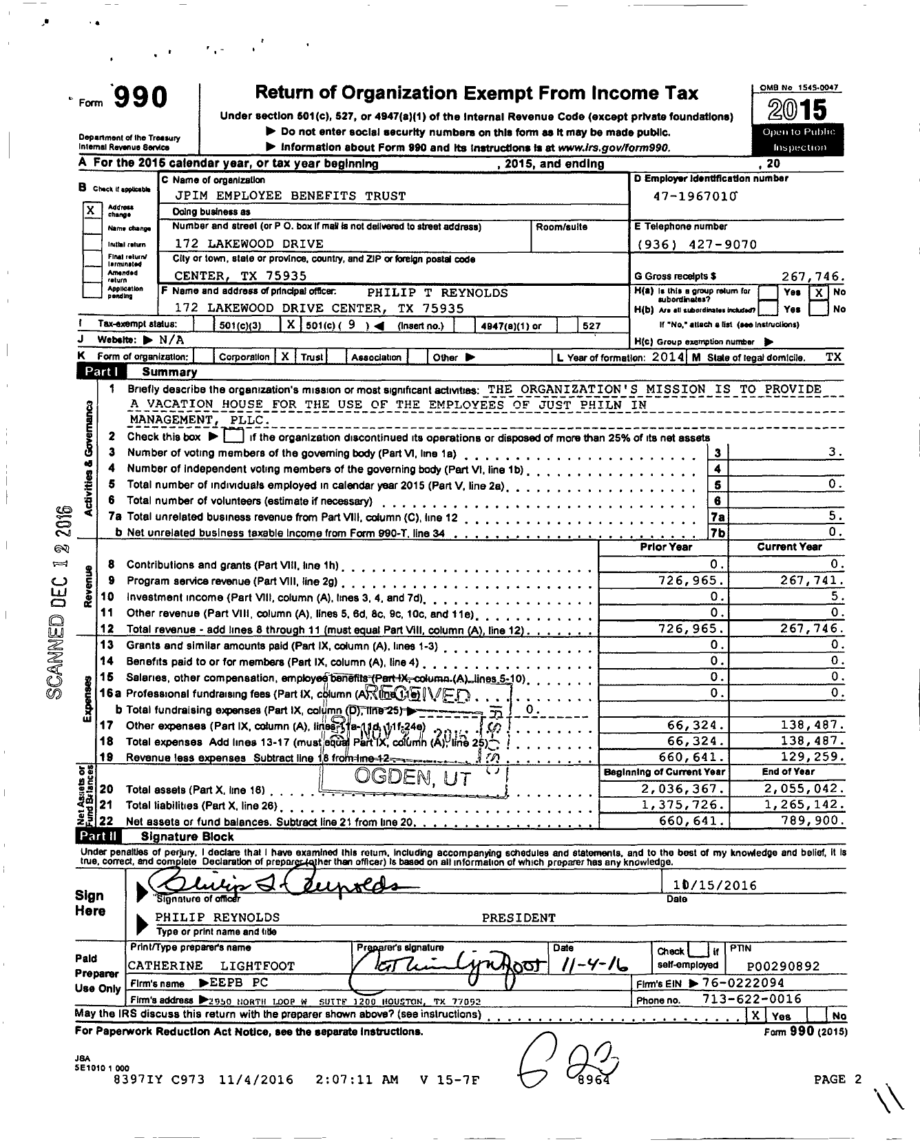 Image of first page of 2015 Form 990O for Jpim Employee Benefits Trust