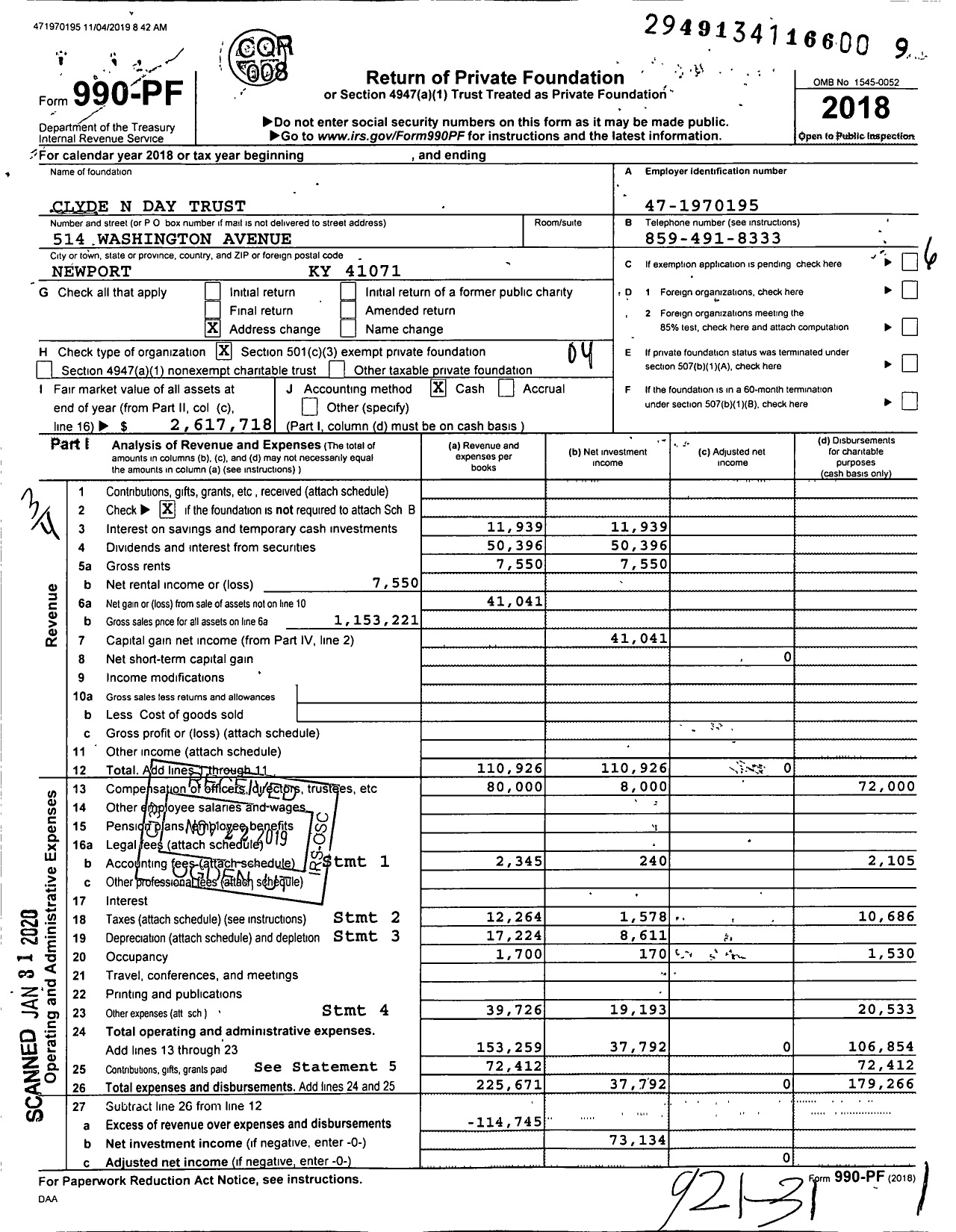 Image of first page of 2018 Form 990EZ for Clyde N Day Trust