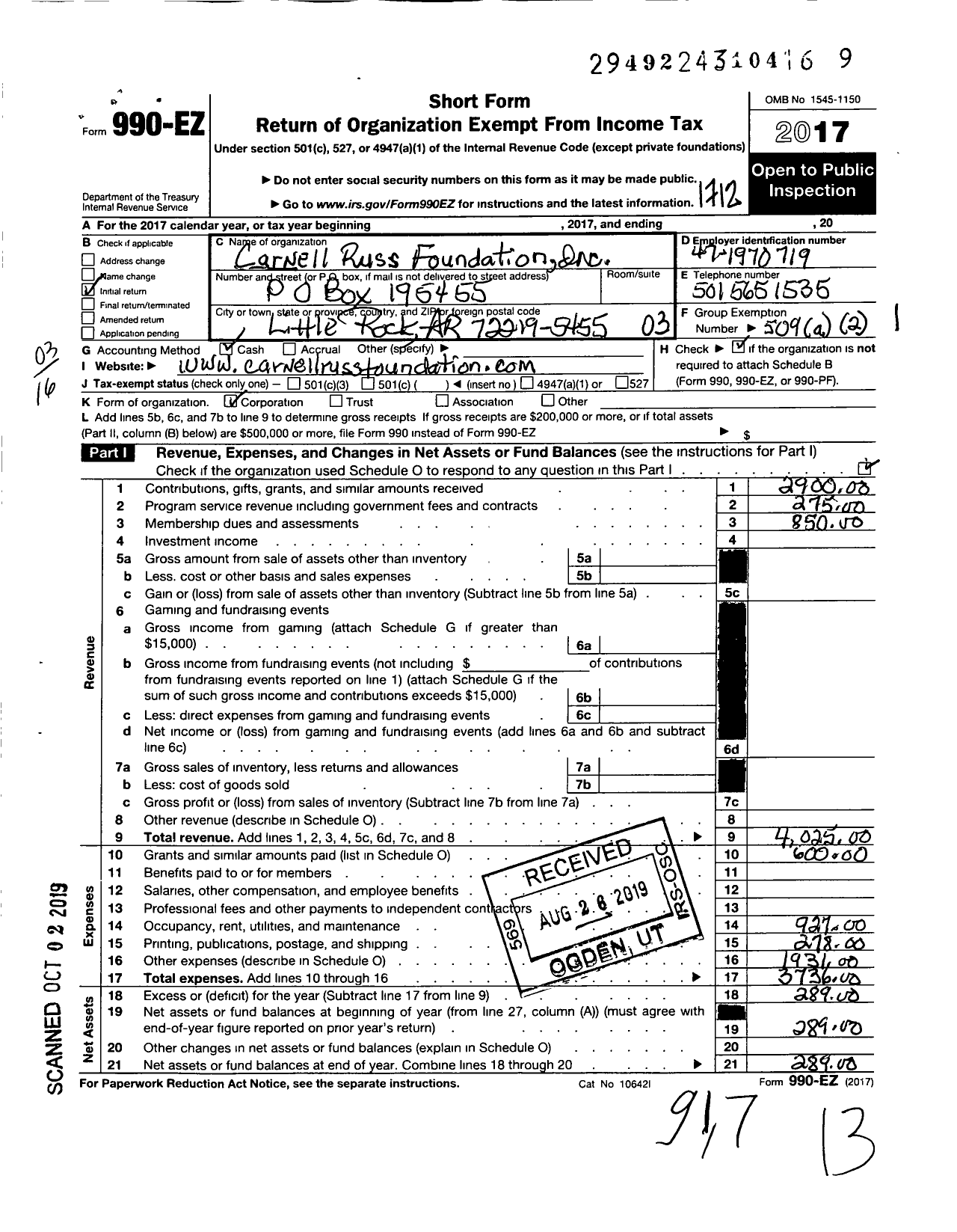 Image of first page of 2017 Form 990EZ for Carnell Russ Foundation