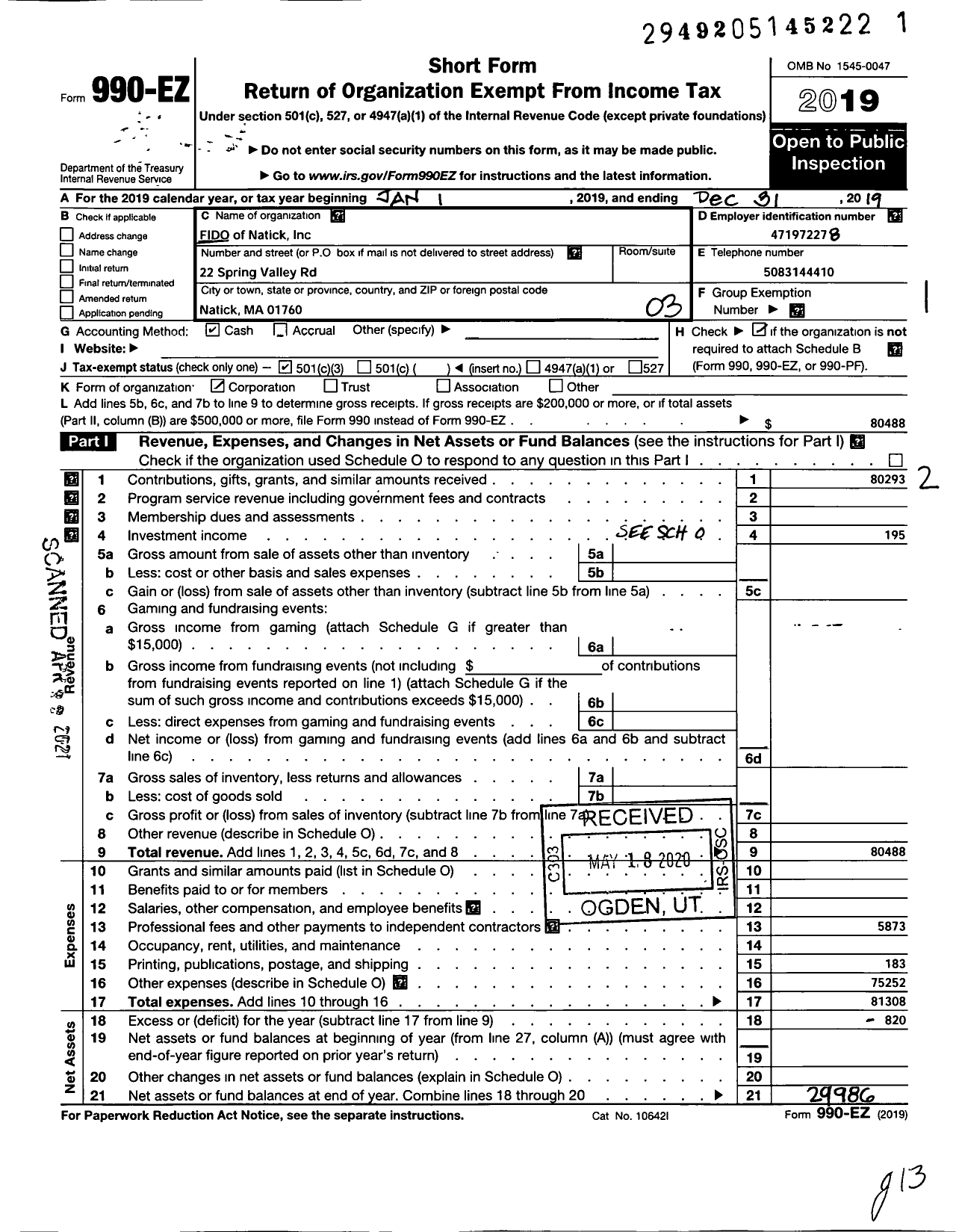 Image of first page of 2019 Form 990EZ for Fido of Natick