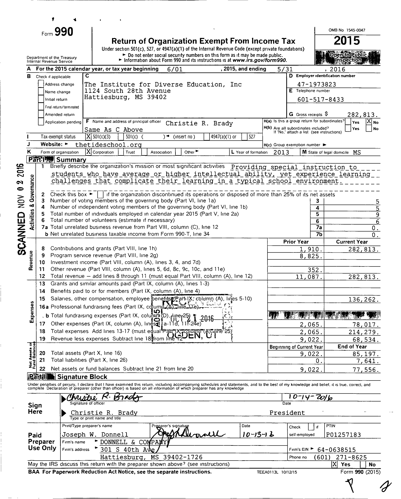 Image of first page of 2015 Form 990 for The Institute for Diverse Education