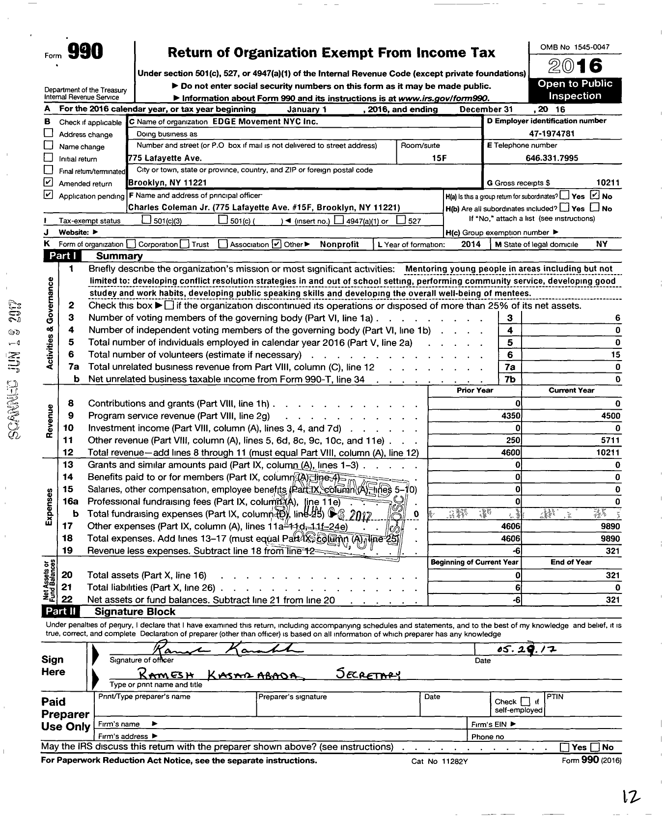 Image of first page of 2016 Form 990O for Edge Movement Nyc