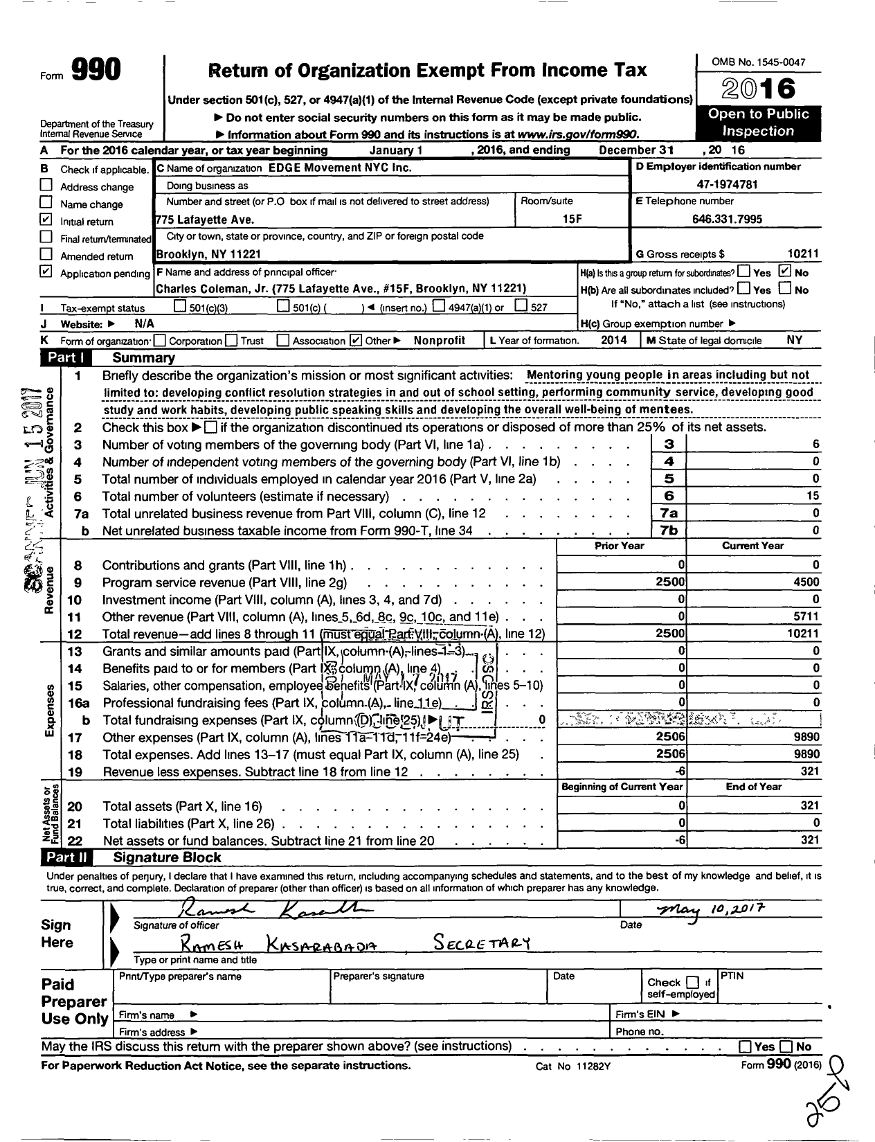 Image of first page of 2016 Form 990O for Edge Movement Nyc