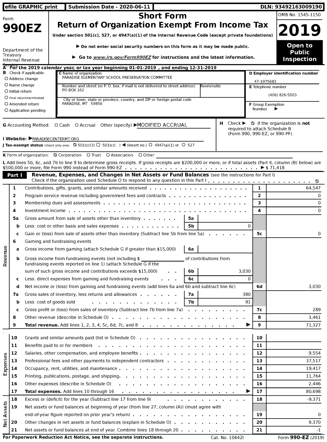 Image of first page of 2019 Form 990EZ for The Paradise Center