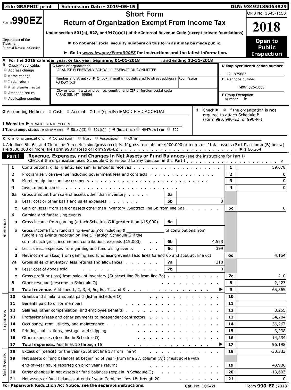 Image of first page of 2018 Form 990EZ for The Paradise Center