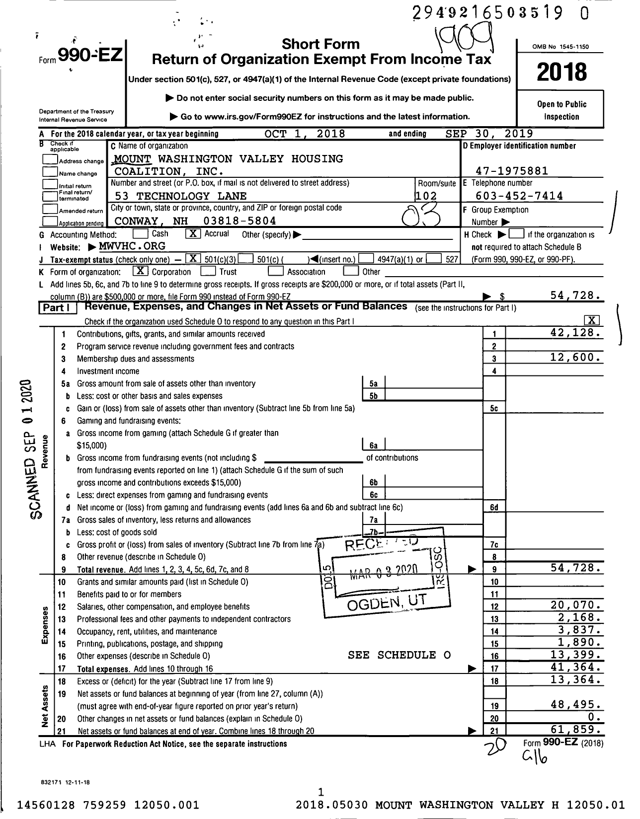 Image of first page of 2018 Form 990EZ for Mount Washington Valley Housing Coalition