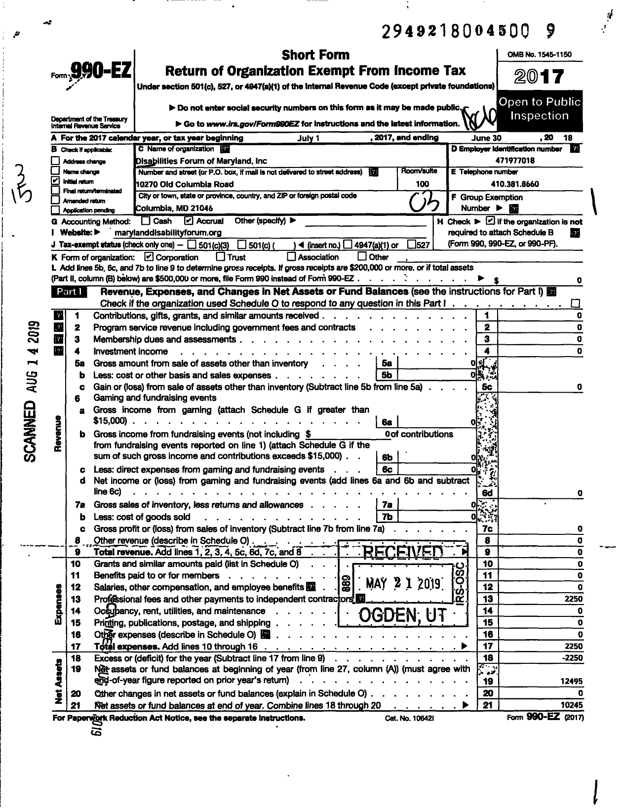 Image of first page of 2017 Form 990EZ for Disabilities Forum of Maryland