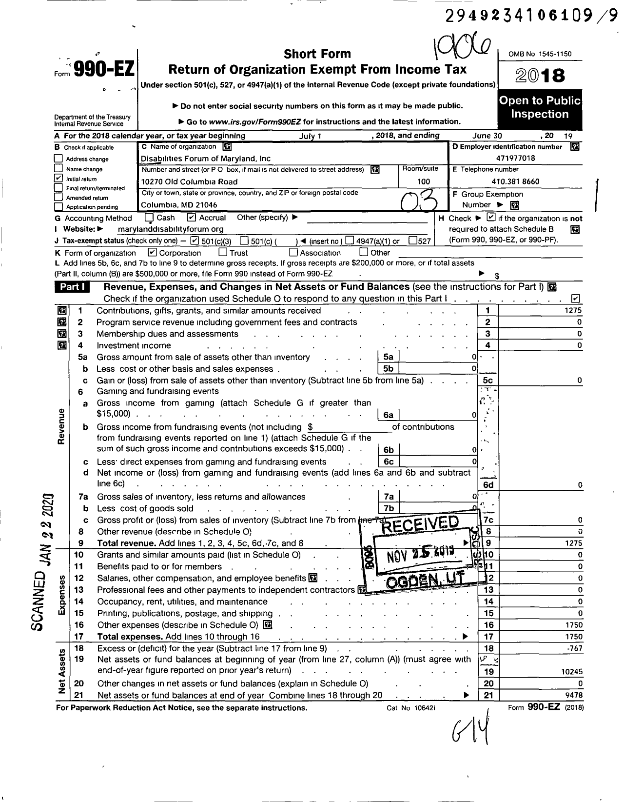 Image of first page of 2018 Form 990EZ for Disabilities Forum of Maryland