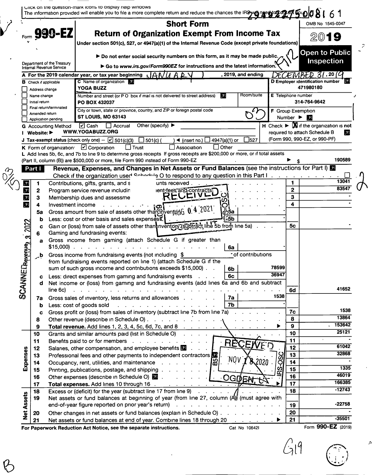 Image of first page of 2019 Form 990EZ for Yoga Buzz