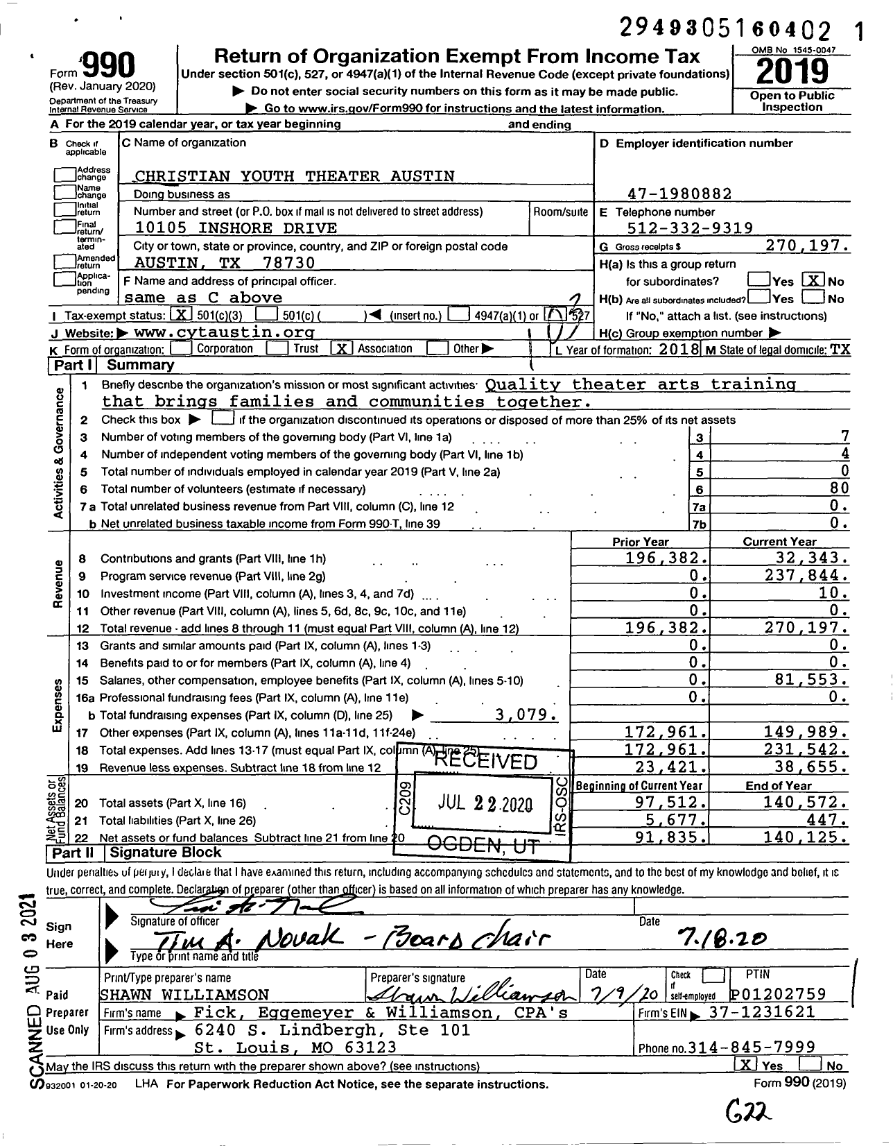 Image of first page of 2019 Form 990 for Christian Youth Theater Austin