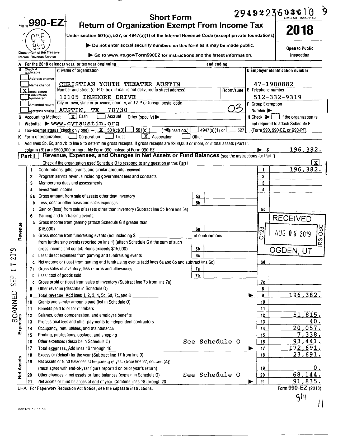 Image of first page of 2018 Form 990EZ for Christian Youth Theater Austin