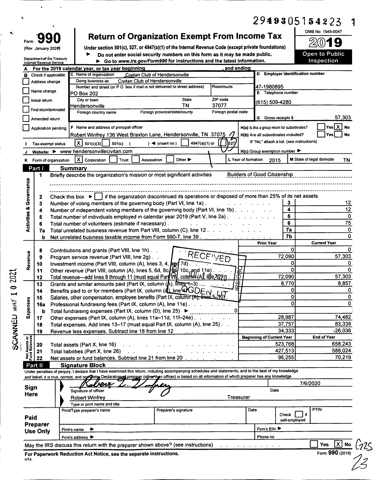 Image of first page of 2019 Form 990 for Civitan Club of Hendersonvile